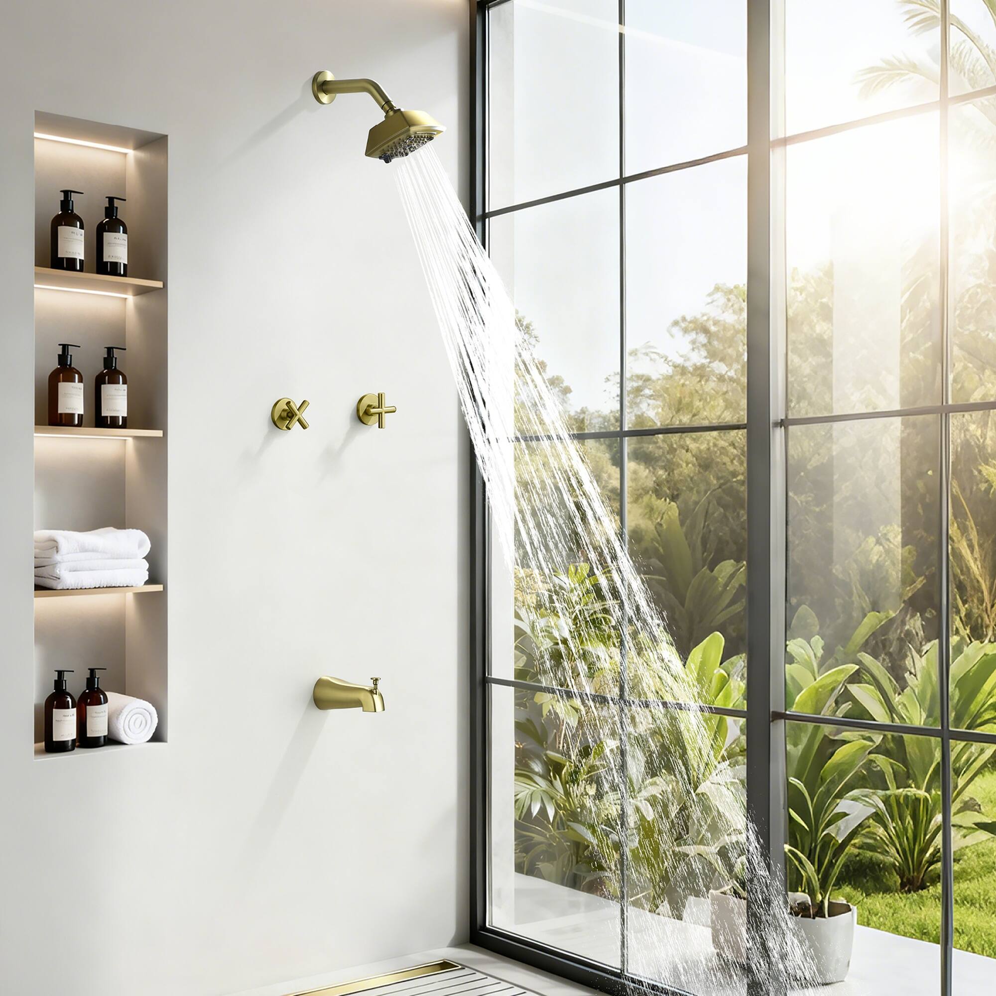 Alt View 2. Boyel Living - Brushed Gold Tub and Shower Set Brass SUS304 Dual Handle 5-Function Top Spray High-Flow - Brushed Gold.