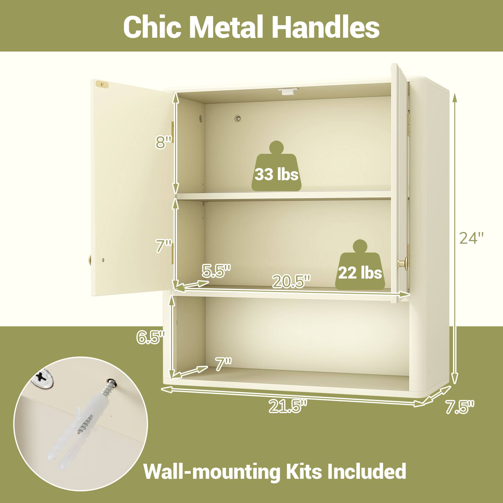 Chic Metal Handles

- 8" height
- 7" depth
- 5.5" width
- 20.5" shelf length
- 24" overall width
- 21.5" overall height
- 7.5" depth
- 6.5" width

Weight Capacity:
- 33 lbs
- 22 lbs

Wall-mounting Kits Included