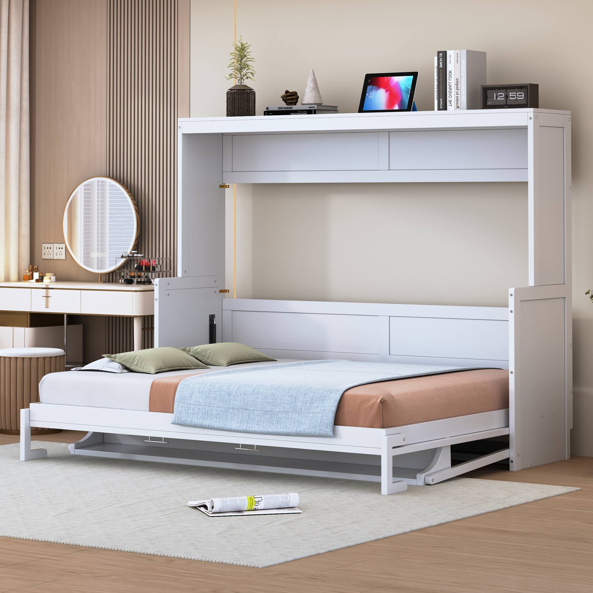Angle. Tiramisubest - White Wood Full Size Murphy Bed with Hydraulic Lift & Desk, Space-Saving and Sturdy - White.