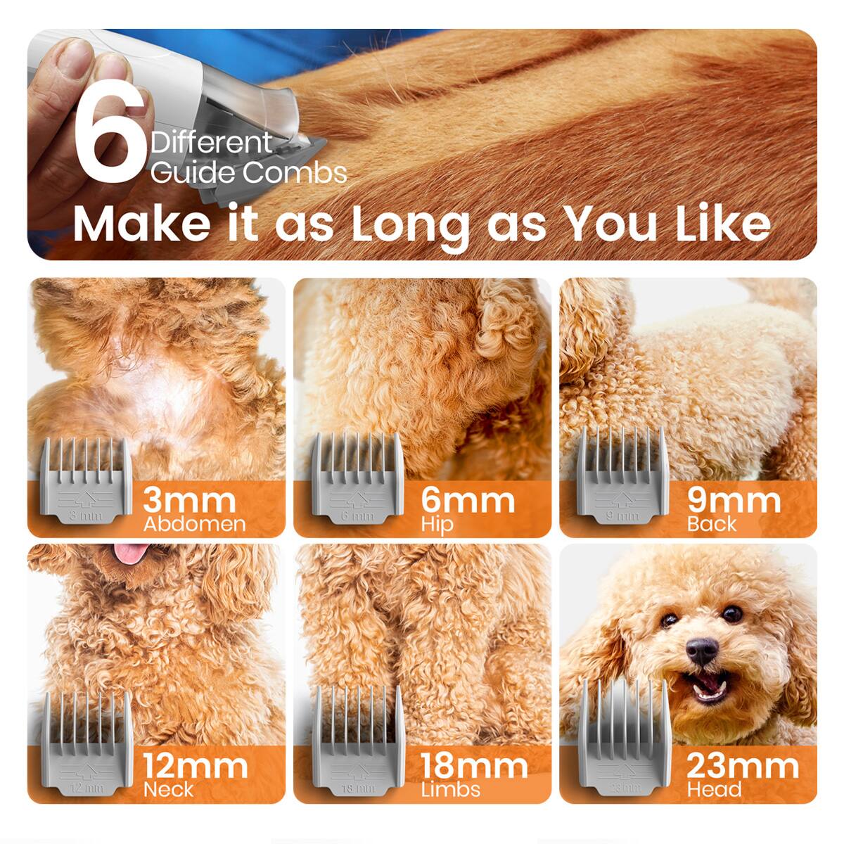 6 Different Guide Combs Make it as Long as You Like

3mm Abdomen
6mm Hip
9mm Back
12mm Neck
18mm Limbs
23mm Head