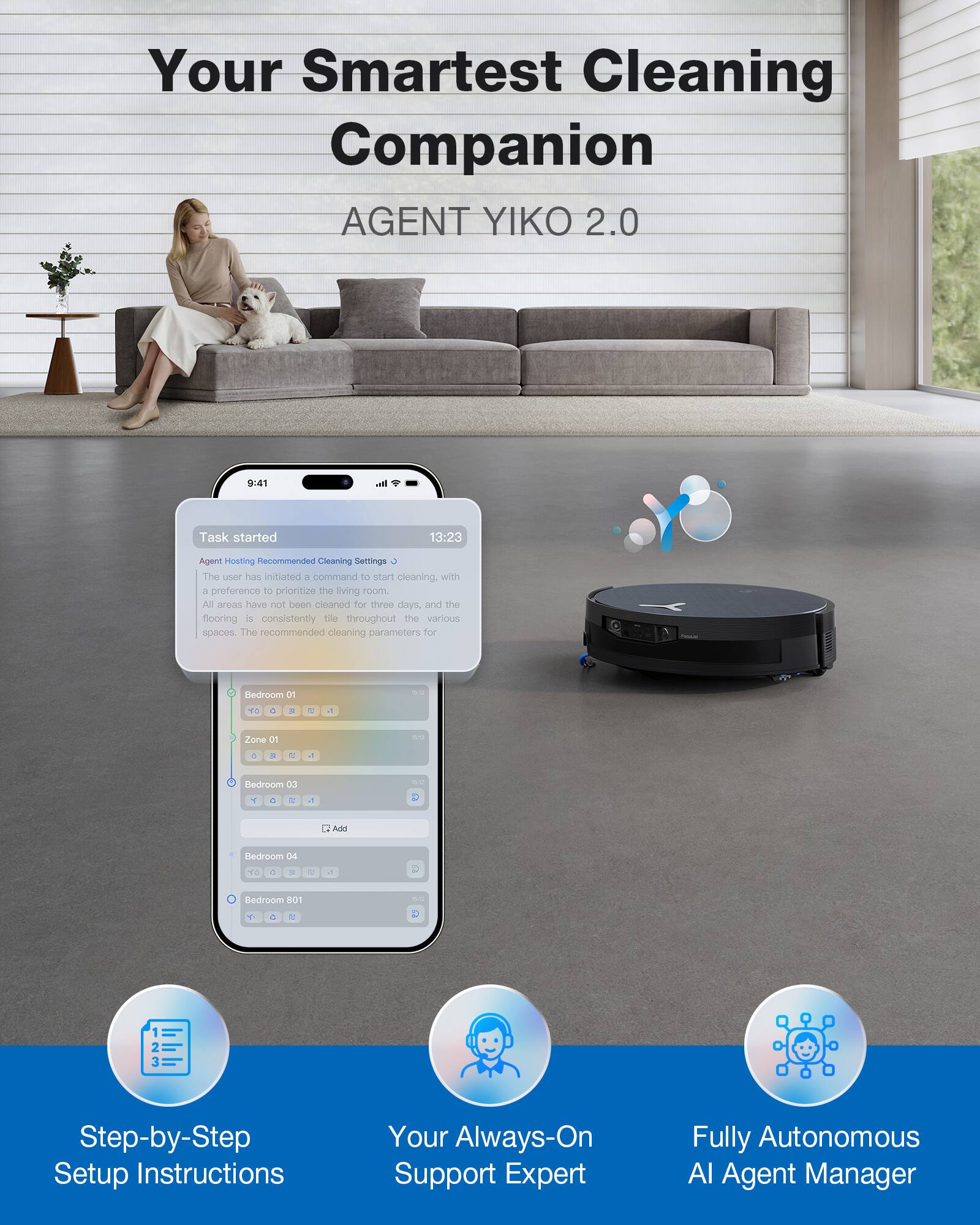 Your Smartest Cleaning Companion  
AGENT YIKO 2.0  

9:41  
Task started  
13:23  

Agent Hosting Recommended Cleaning Settings  
The user has initiated a command to start cleaning, with a preference to prioritize the living room. All areas have not been cleaned for three days, and the flooring is consistently tile throughout the various spaces. The recommended cleaning parameters for:  

- Bedroom 01  
- Zone 01  
- Bedroom 03  
- Bedroom 04  
- Bedroom 801  

Step-by-Step Setup Instructions  
Your Always-On Support Expert  
Fully Autonomous AI Agent Manager