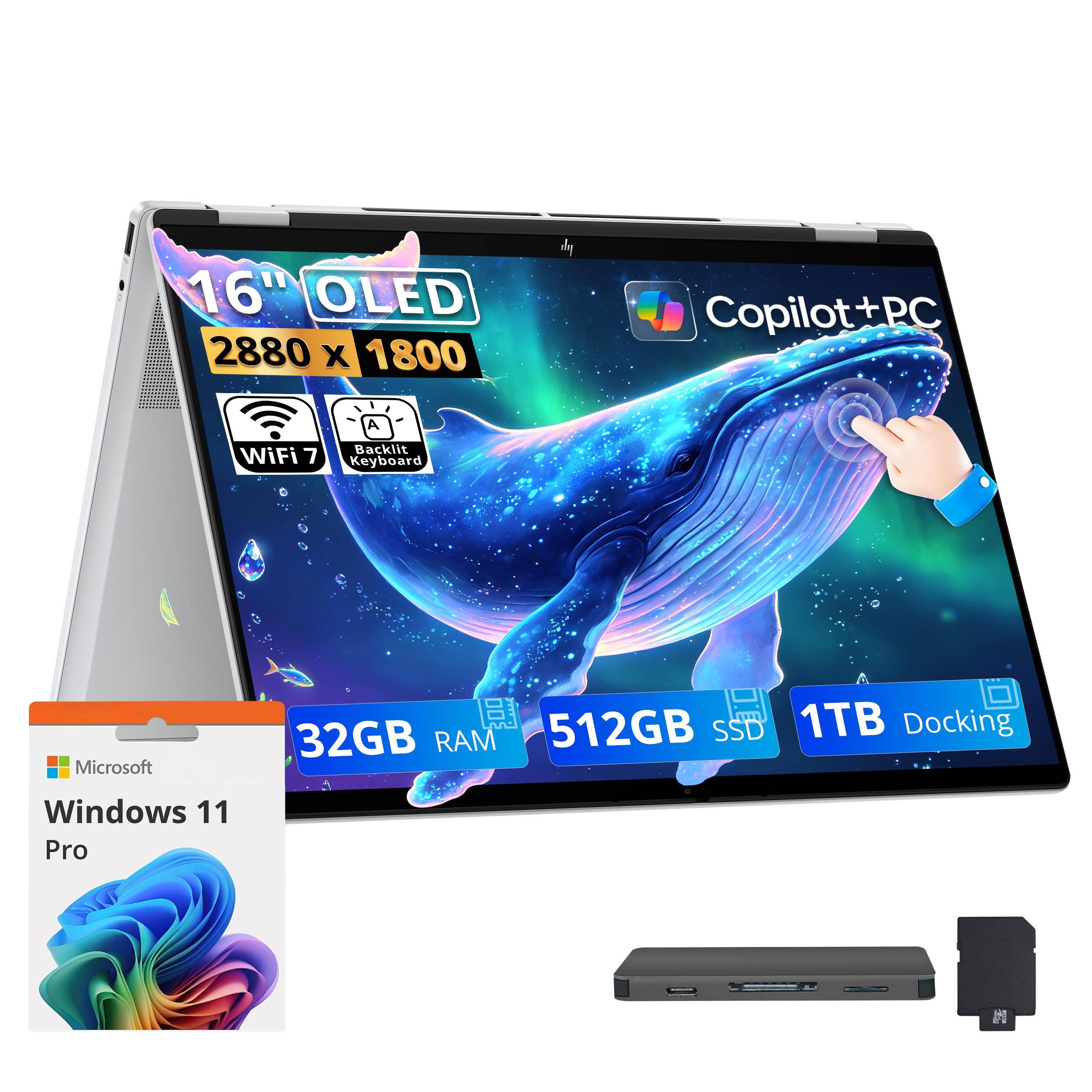 HP - Upgraded - OmniBook 7 Flip 16"3K OLED 2-in-1 Touch Laptop,Intel Ultra 7 258V,Backlit,32GB RAM,512GB SSD+1TB Dock,Win11Pro - Silver