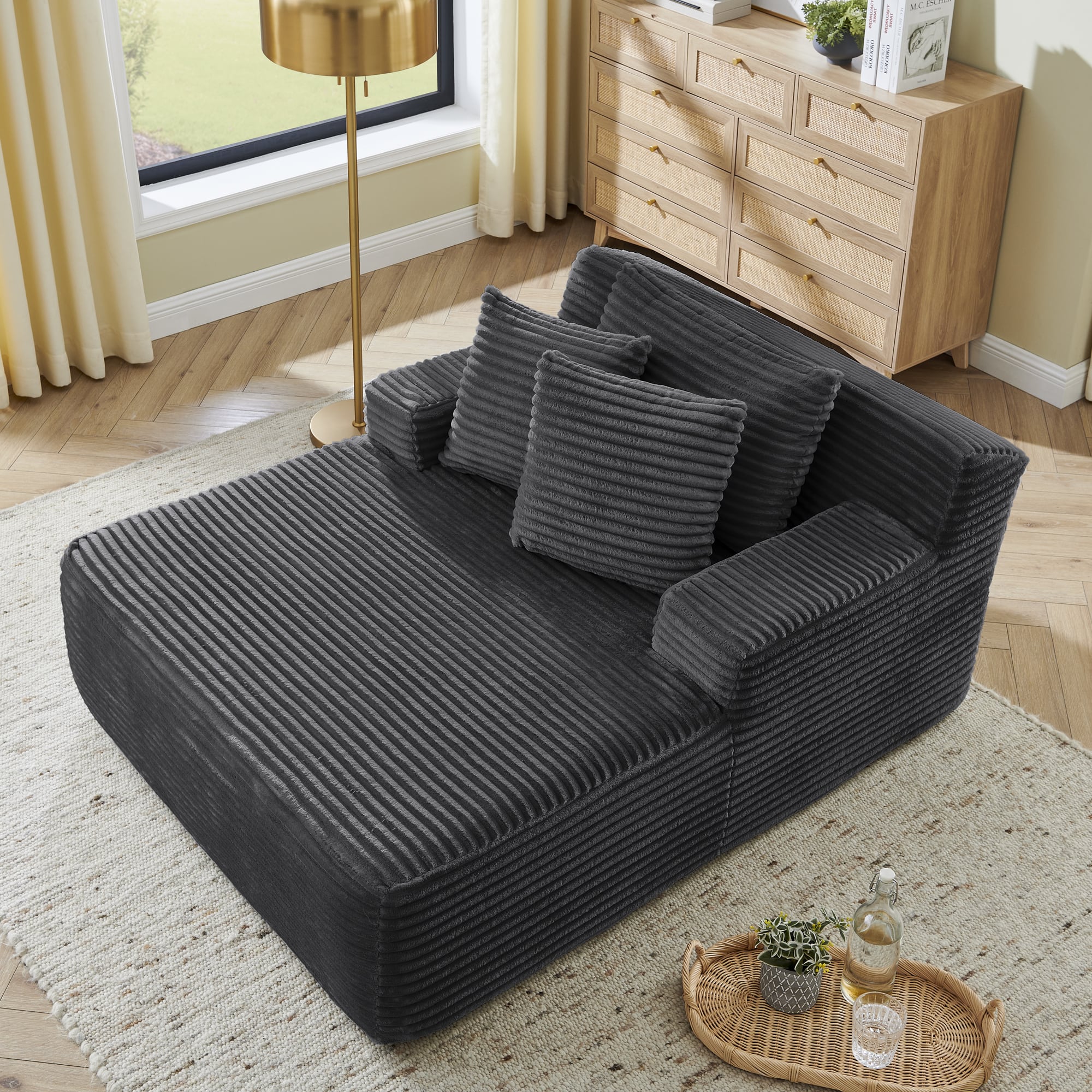 Trinkets Crazed - 50" Corduroy Chaise Lounge Chair Indoor, Oversized Sleeper Chair Single Lazy Sofa Lounge Chair, Modern Reading Chair - Dark Gray