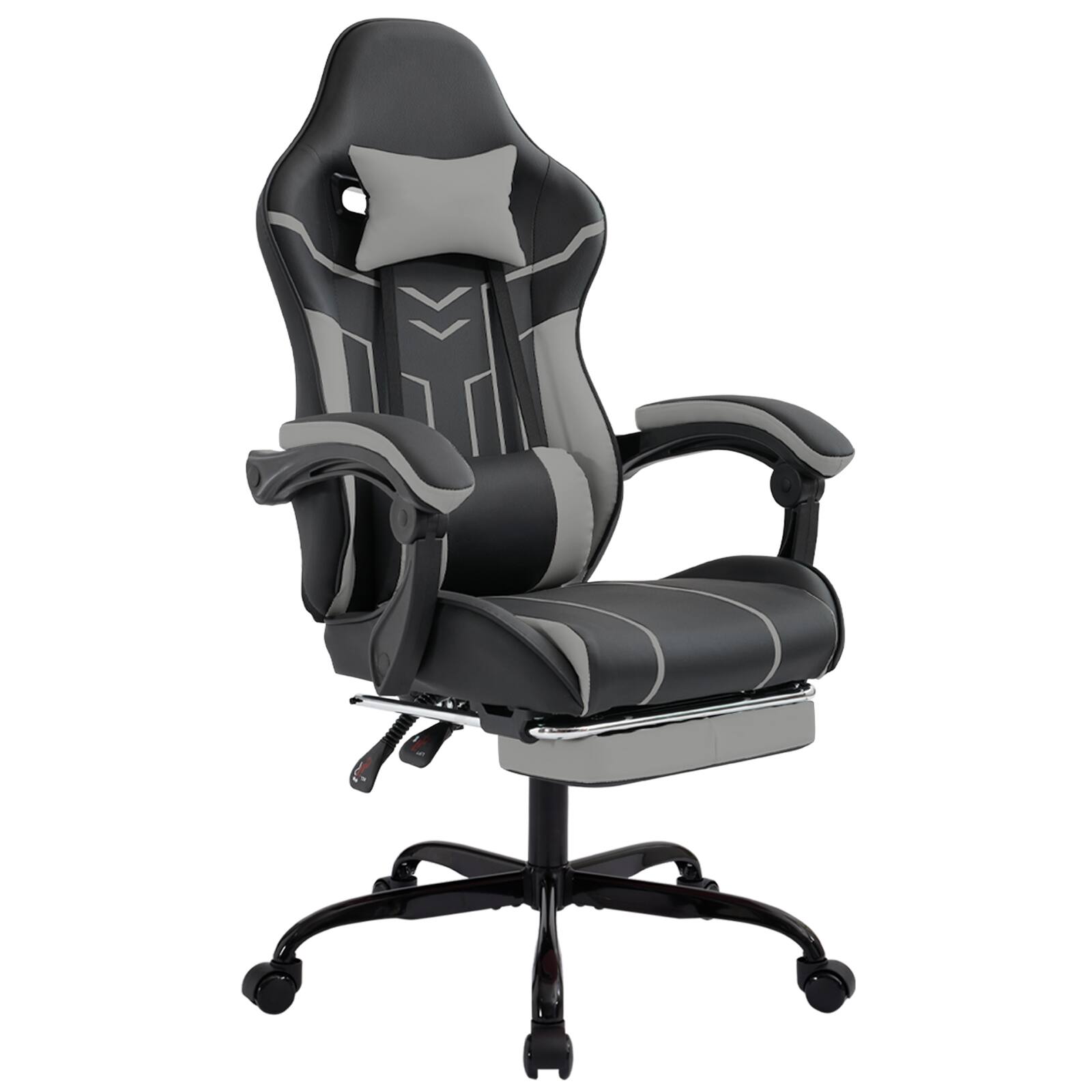 Angle. PexFix - Ergonomic Racing Style Gaming & Office Chair with Lumbar Support, Footrest & Headrest for Long Hours - Black+Gray.