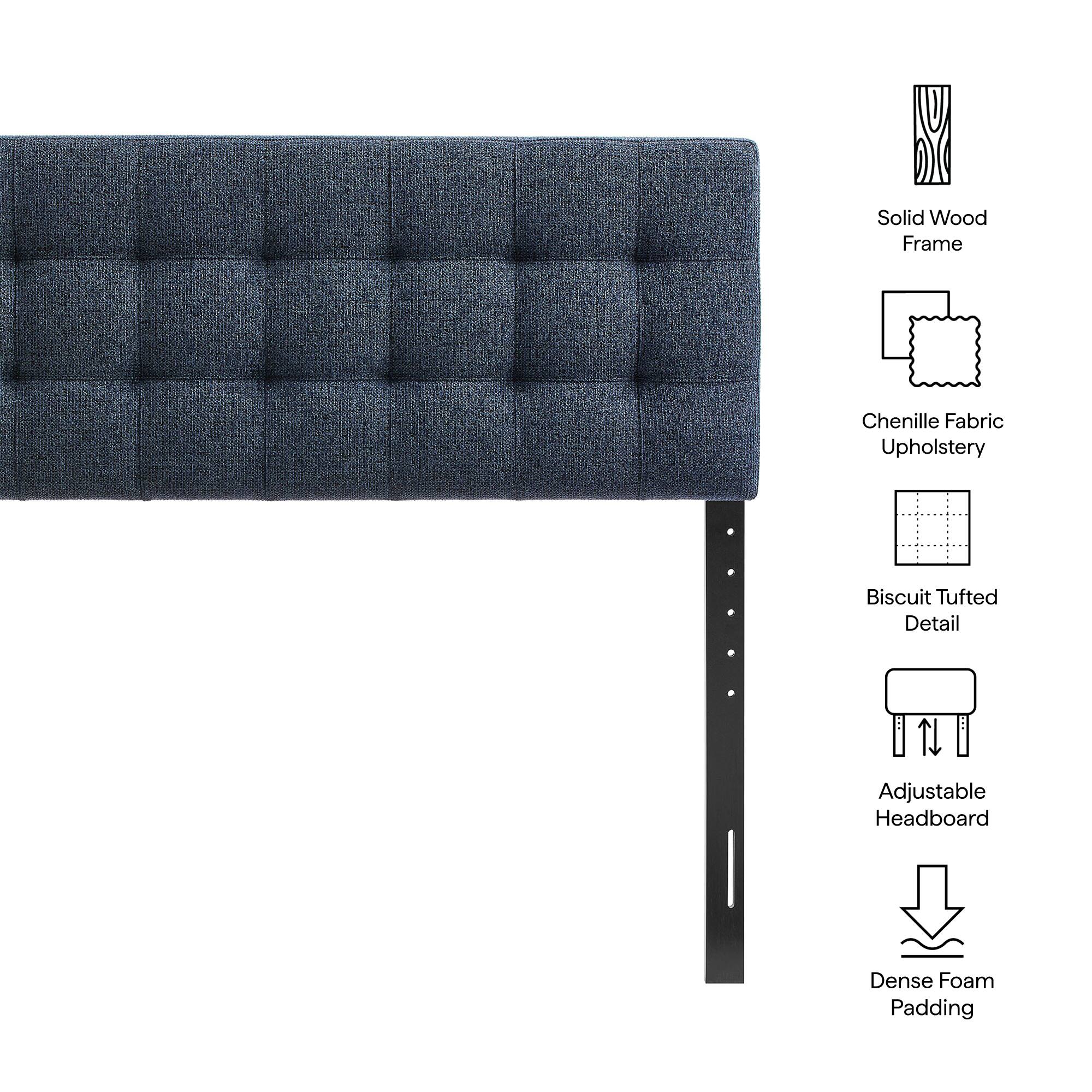 Solid Wood Frame  
Chenille Fabric Upholstery  
Biscuit Tufted Detail  
Adjustable Headboard  
Dense Foam Padding