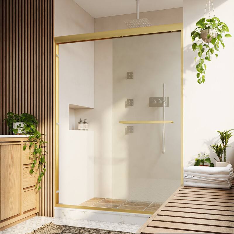 Angle. WELLFOR - 50-54 in W x 72 in H Framed Shower Door with Double Sliding & Stainless Steel Towel Bar Handle, 1/4" Tempered Glass - Brushed Gold.