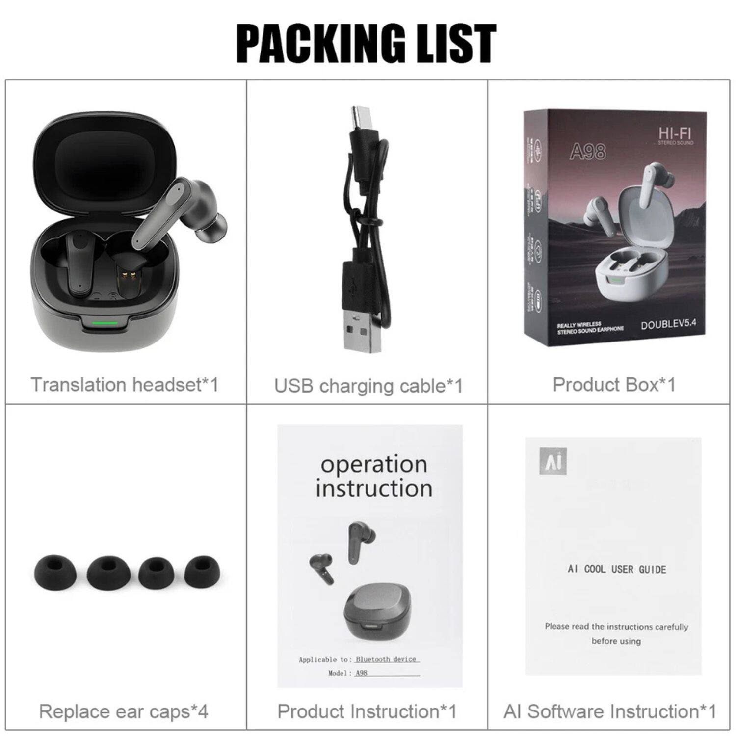**PACKING LIST**
- Translation headset*1
- USB charging cable*1
- Product Box*1
- Replace ear caps*4
- Operation instruction*1
- AI Cool User Guide*1
- AI Software Instruction*1
**Applicable to: Bluetooth device Model: A98**
Please read the instructions carefully before using.