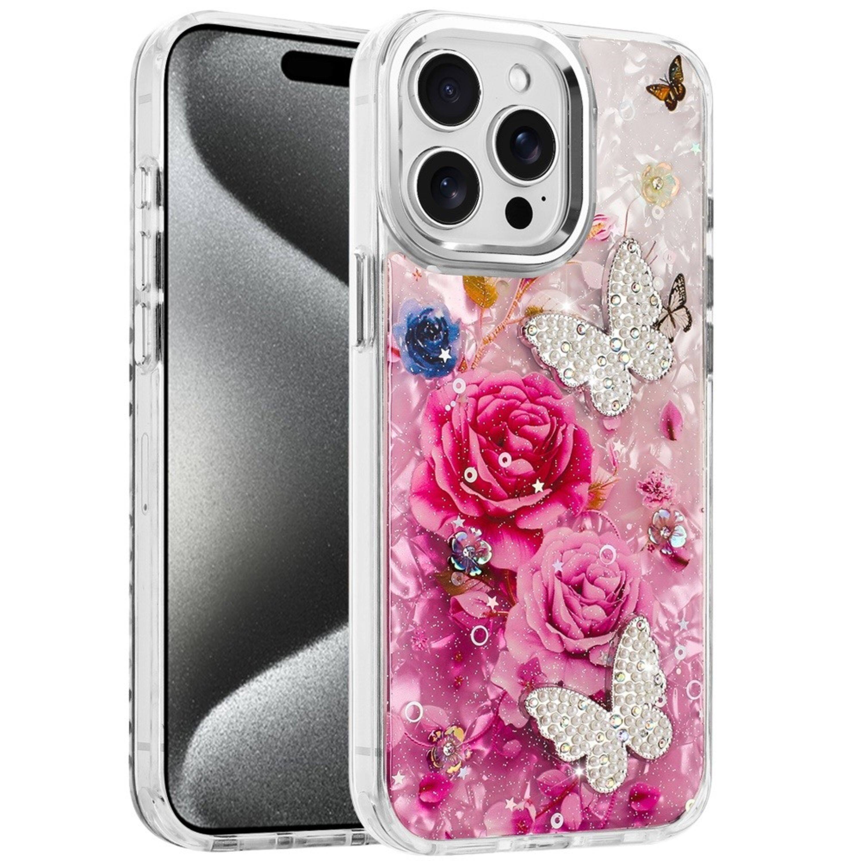 Angle. Kitcheniva - Epoxy 3D Beaded Butterfly Glitter Case With Tempered Glass For iPhone 15 Pro Max 6 - Multicolor.