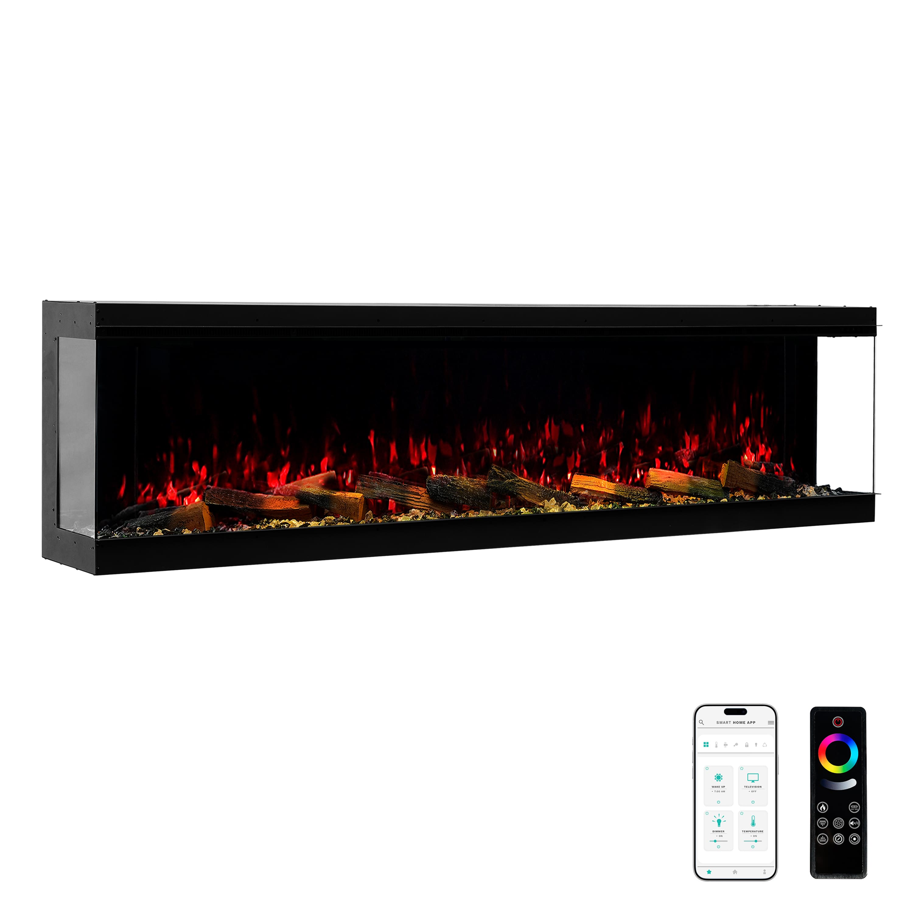 Mondawe - 72" Recessed/Wall Mounted 3-Sided Electric Fireplace with App and Wifi Smart Control, 1500W/3000W PTC Ceramic Heating - Black