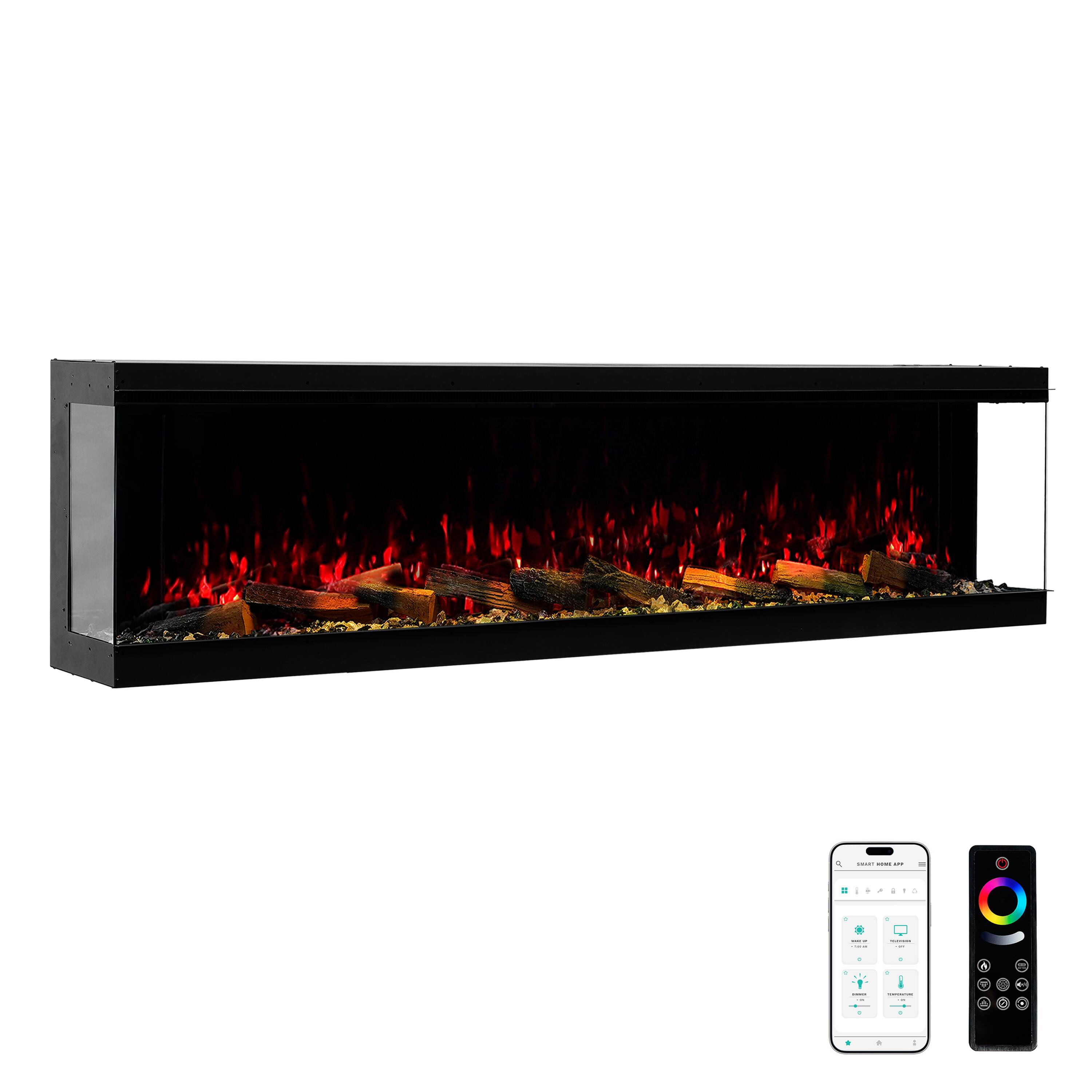 Front. Mondawe - 72" Recessed/Wall Mounted 3-Sided Electric Fireplace with App and Wifi Smart Control,  1500W/3000W PTC Ceramic Heating - Black.
