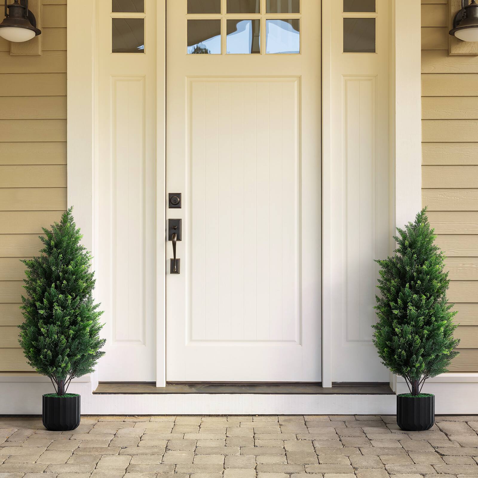 Front. Oumilen - 2PCS Artificial Cedar Topiary Tree with UV-Resistant Foliage, Fake Evergreen Tree for Indoor Outdoor Home, Garden.