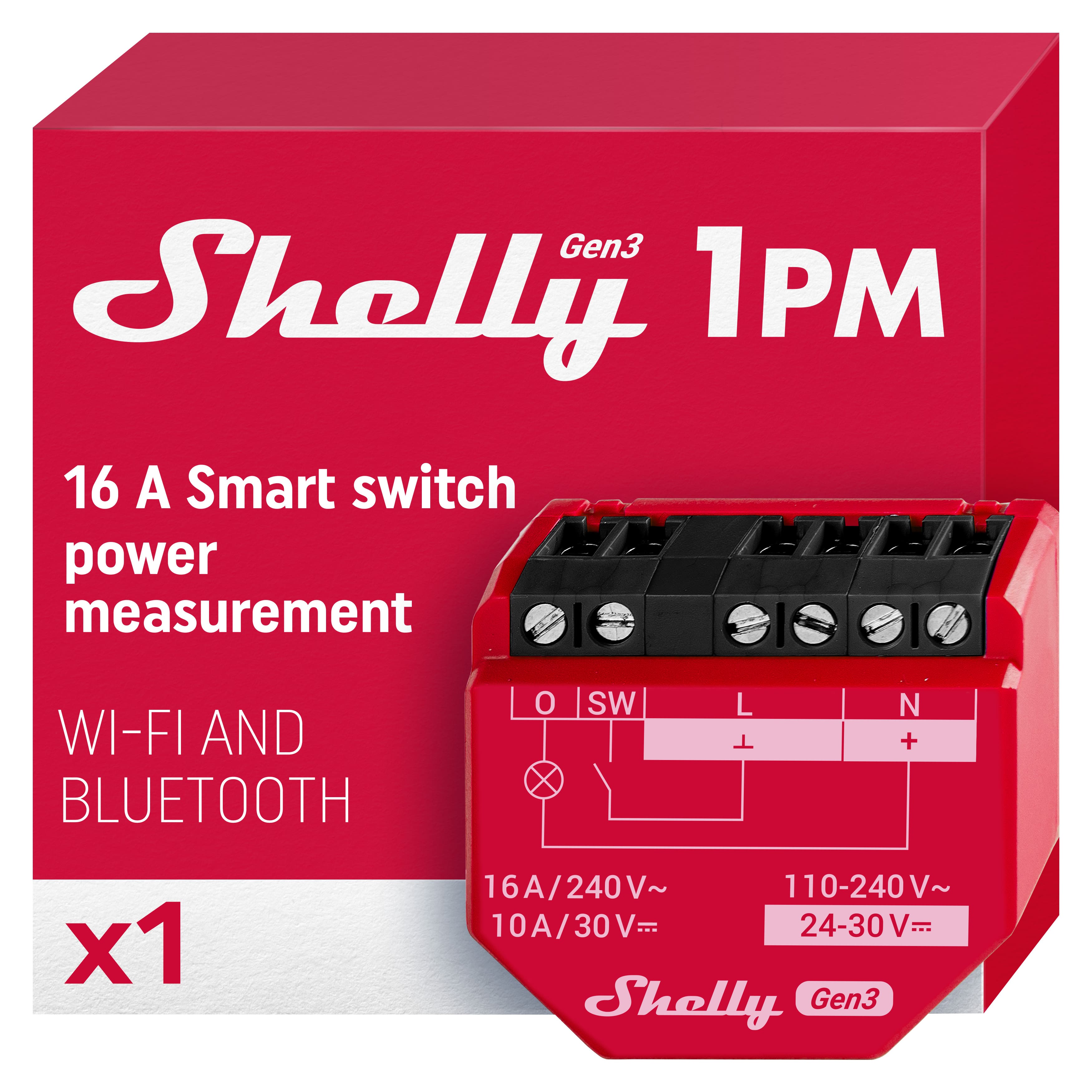 Shelly - 1PM Gen3 16A Smart Relay with Power Measurement (Wi-Fi & Matter) - Red