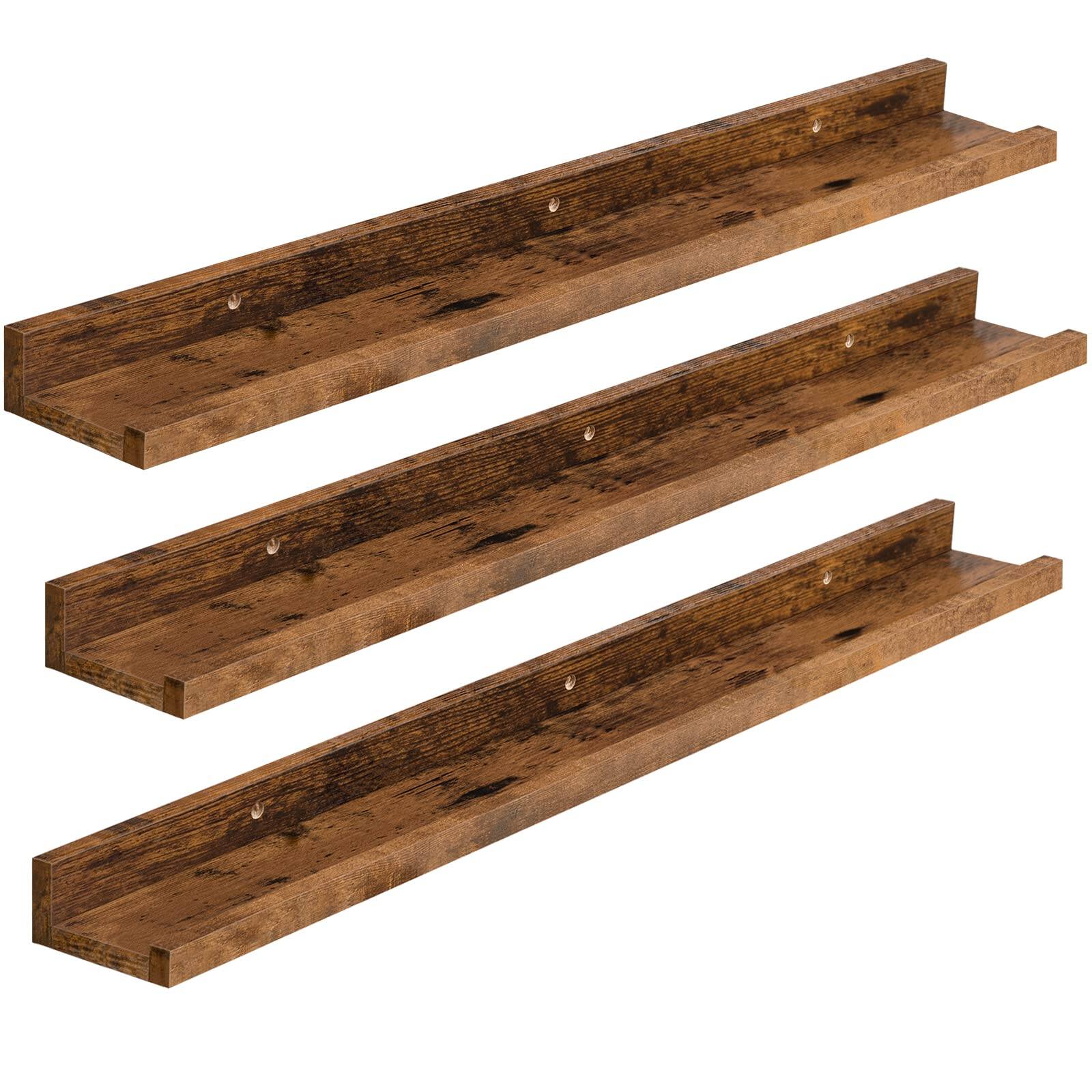 Front. Dazzed Corner - Set of 3 Rustic Brown Floating Wall Shelves, 35.4" Hanging Shelves with Raised Edge & Invisible Brackets - Rustic Brown.