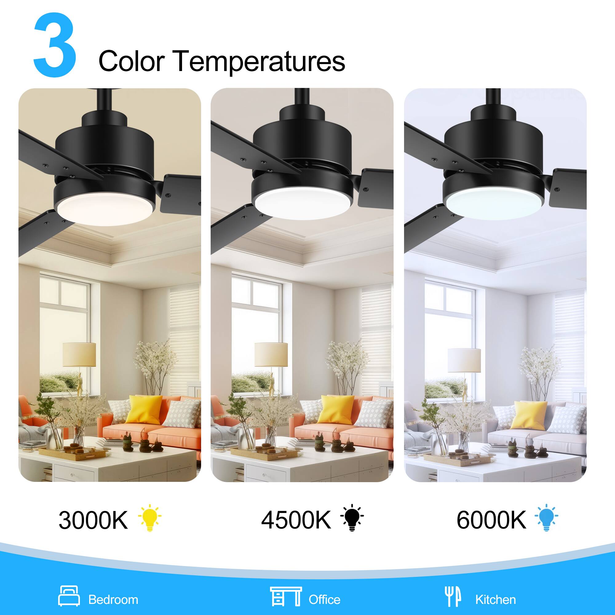 3 Color Temperatures

3000K Bedroom  
4500K Office  
6000K Kitchen