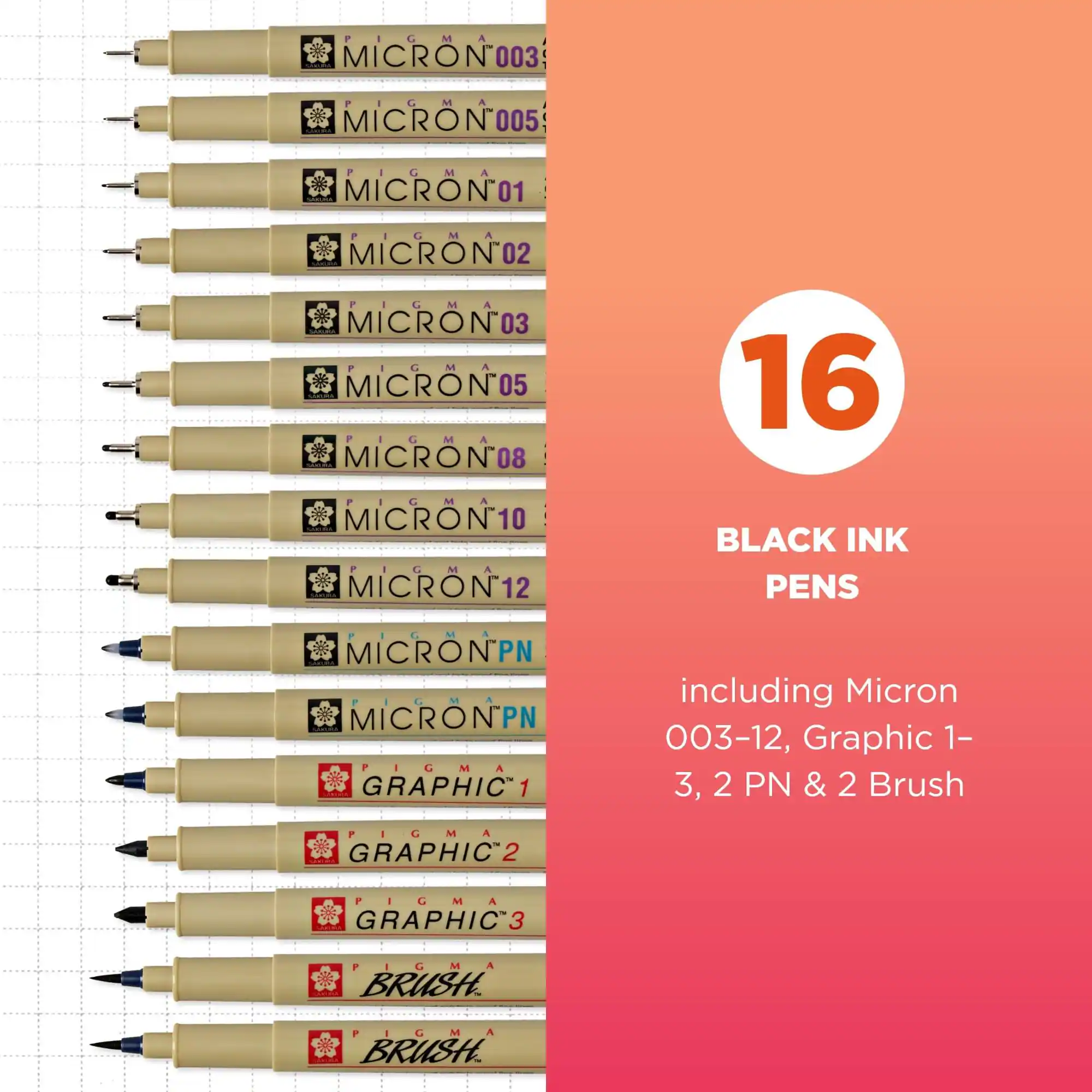 PIGMA MICRON 003  
PIGMA MICRON 005  
PIGMA MICRON 01  
PIGMA MICRON 02  
PIGMA MICRON 03  
PIGMA MICRON 05  
PIGMA MICRON 08  
PIGMA MICRON 10  
PIGMA MICRON 12  
PIGMA MICRON PN  
PIGMA GRAPHIC 1  
PIGMA GRAPHIC 2  
PIGMA GRAPHIC 3  
PIGMA BRUSH  

16 BLACK INK PENS  
including Micron 003-12, Graphic 1-3, 2 PN & 2 Brush