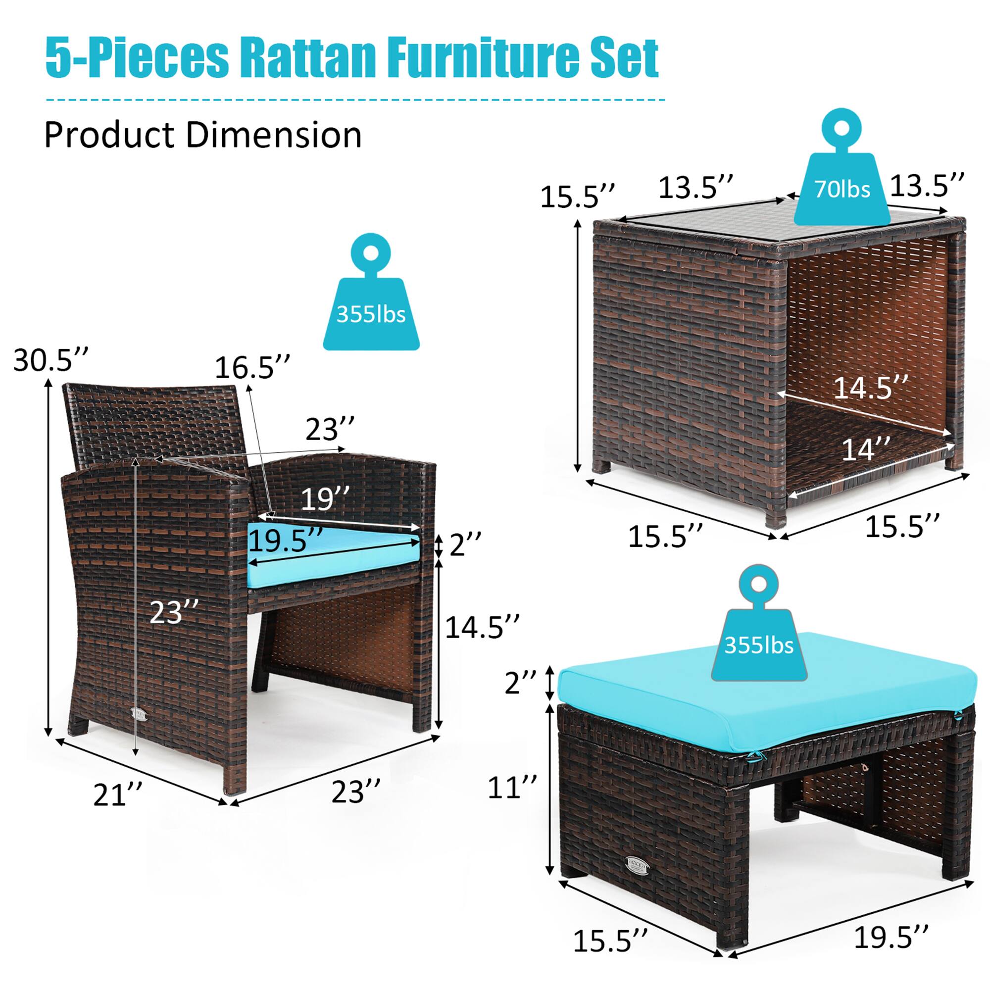 5-Pieces Rattan Furniture Set
Product Dimension
15.5" 13.5" 70lbs 13.5" 30.5" 355lbs 16.5" 23" 19" 19.5" 2" 15.5" 14.5" 14" 15.5" 23" 14.5" 2" 355lbs 21" 23" 11" 15.5" 19.5"