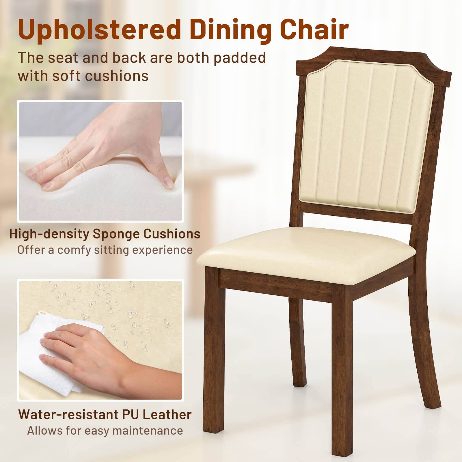 Upholstered Dining Chair: The seat and back are both padded with soft cushions. High-density Sponge Cushions offer a comfortable sitting experience. Water-resistant PU Leather allows for easy maintenance.