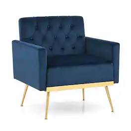 Costway - Mid-century Upholstered Accent Chair with Button Tufted Back, Golden Metal Legs - Blue
