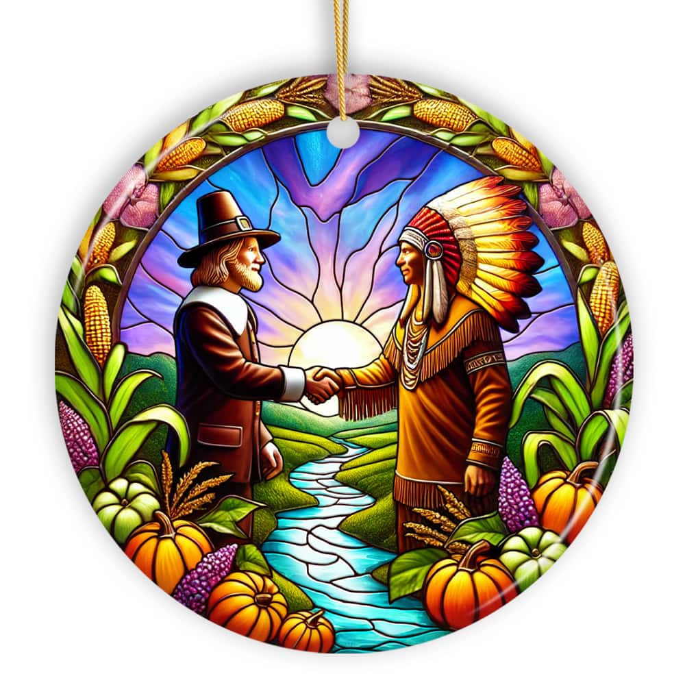 OrnamentallyYou - Pilgrim and Native American Chief Harmonious Unity Ornament Harvest Celebration Keepsake Version 2 - Multi-colored