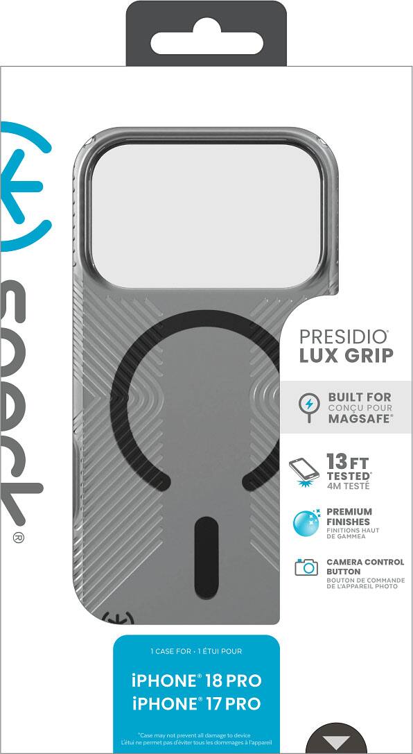PRESIDIO LUX GRIP

BUILT FOR MAGSAFE
13 FT TESTED 4M
PREMIUM FINISHES
CAMERA CONTROL BUTTON

1 CASE FOR 1 ÉTUI POUR
iPHONE 18 PRO
iPHONE 17 PRO

"Case may not prevent all damage to device"