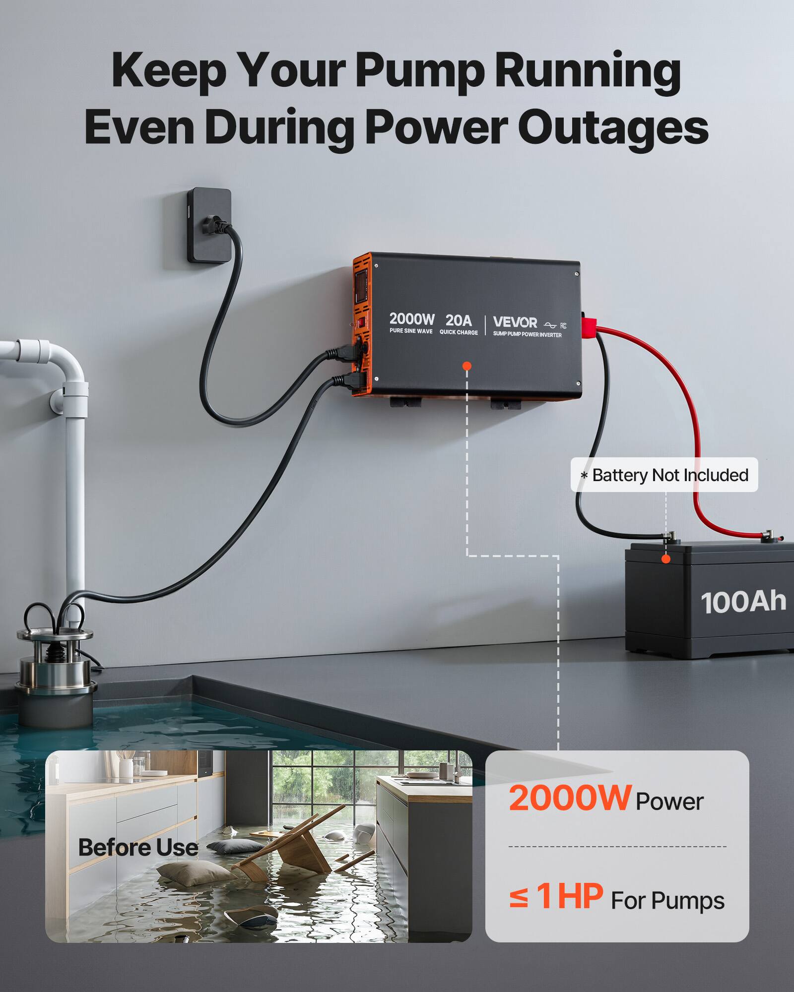 Keep Your Pump Running Even During Power Outages

2000W 20A VEVOR 8 5% PURE 200 19.15 QUICK CHARGE SUMPPUMPPOWER INVERTER

Battery Not Included

100Ah

2000W Power

Before Use

≤ 1HP For Pumps