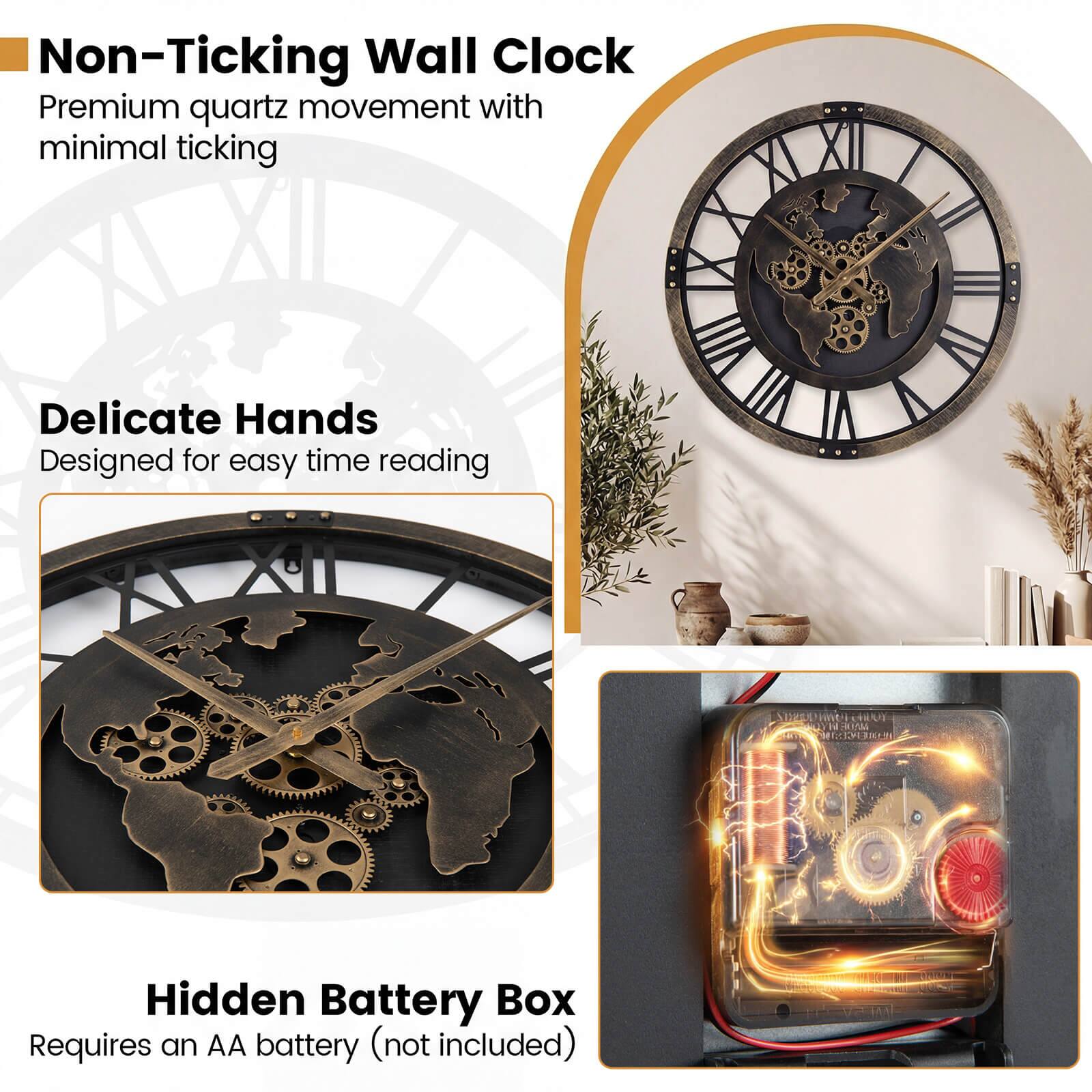 Non-Ticking Wall Clock  
Premium quartz movement with minimal ticking  

Delicate Hands  
Designed for easy time reading  

Hidden Battery Box  
Requires an AA battery (not included)