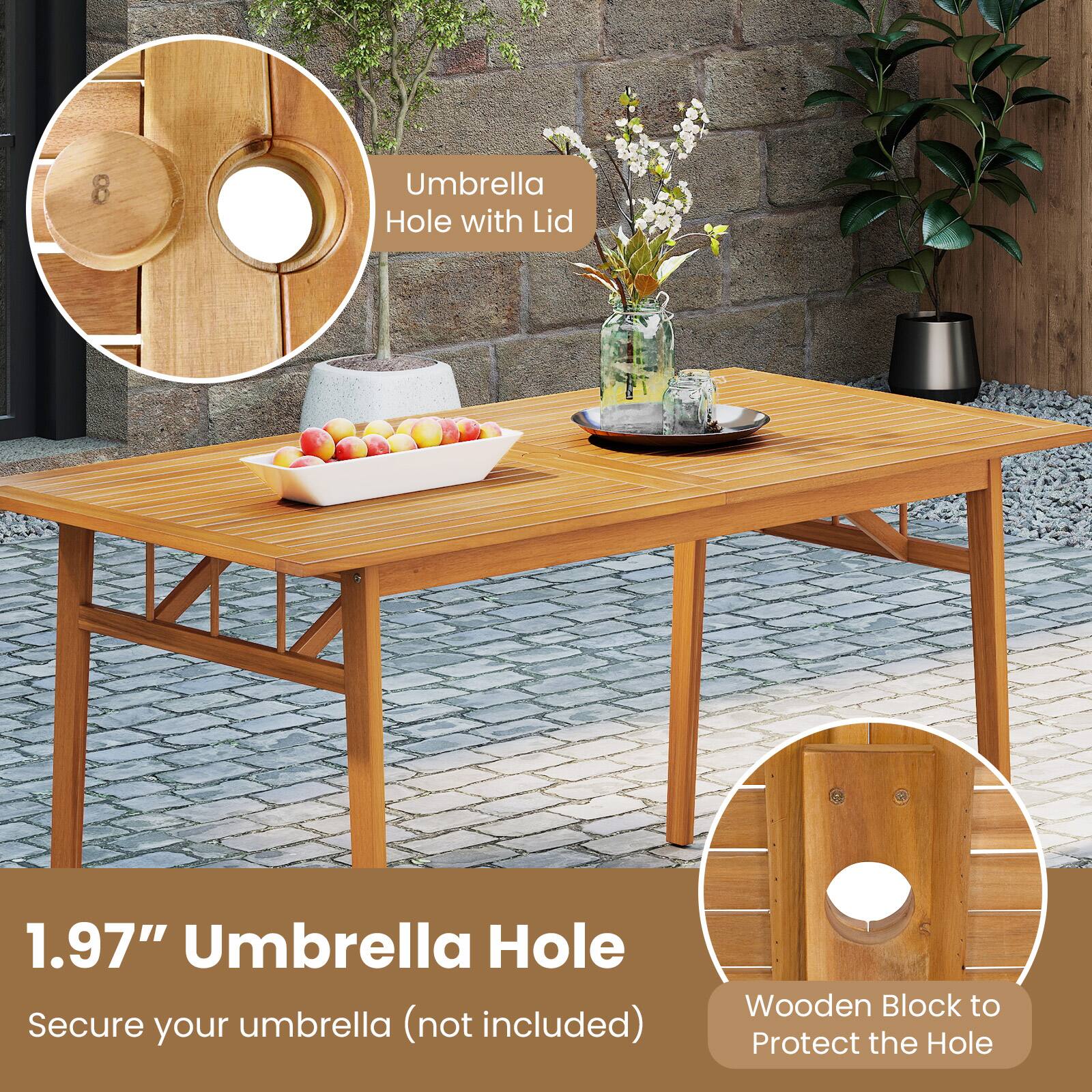 1.97" Umbrella Hole  
Secure your umbrella (not included)  

Umbrella Hole with Lid  

Wooden Block to Protect the Hole