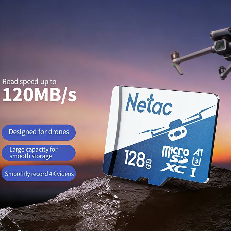Read speed up to 120MB/s  
Designed for drones  
Large capacity for smooth storage  
Smoothly record 4K videos  
Netac Micro SDXC I  
128 GB