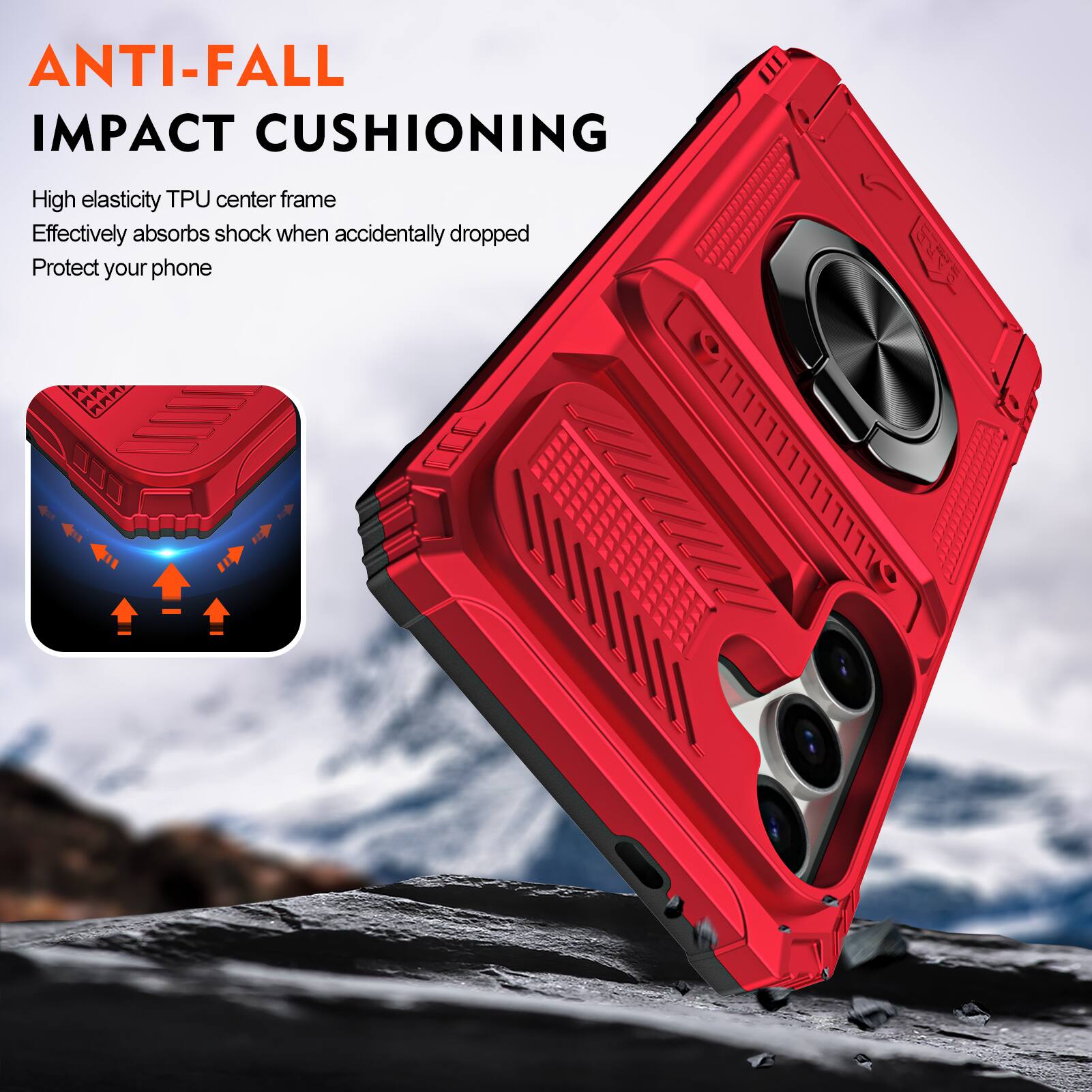 ANTI-FALL IMPACT CUSHIONING

High elasticity TPU center frame
Effectively absorbs shock when accidentally dropped
Protect your phone