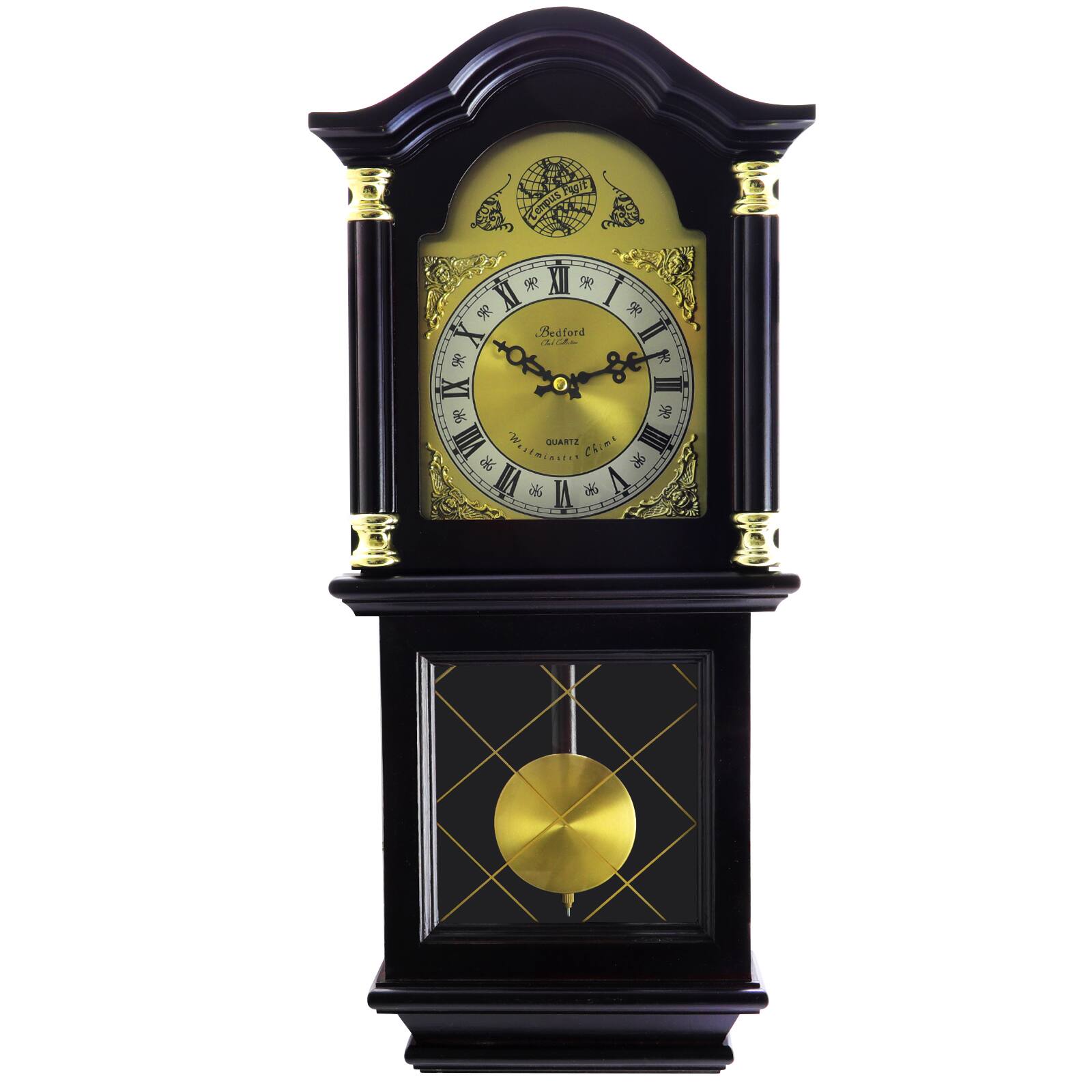 Bedford Clock Collection - 26 Inch Chiming Pendulum Wall Clock in Antique Mahogany Cherry Oak Finish - Brown