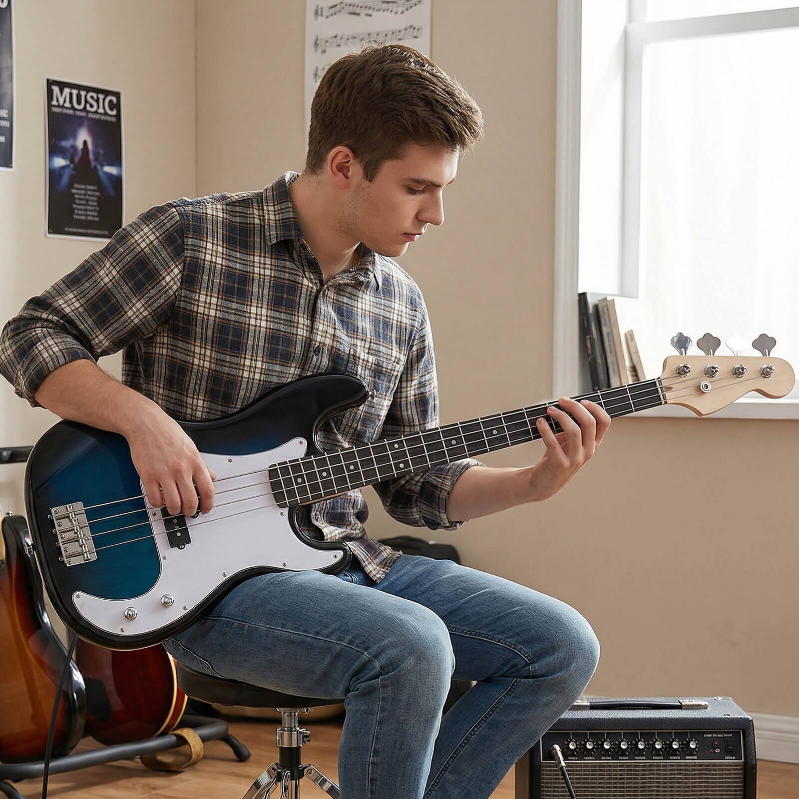 Alt View 1. Costway - Costway 45.5" Electric Bass Guitar with Double Pickups, Open-gear Tuning, Gig Bag, Rope - Blue + White.