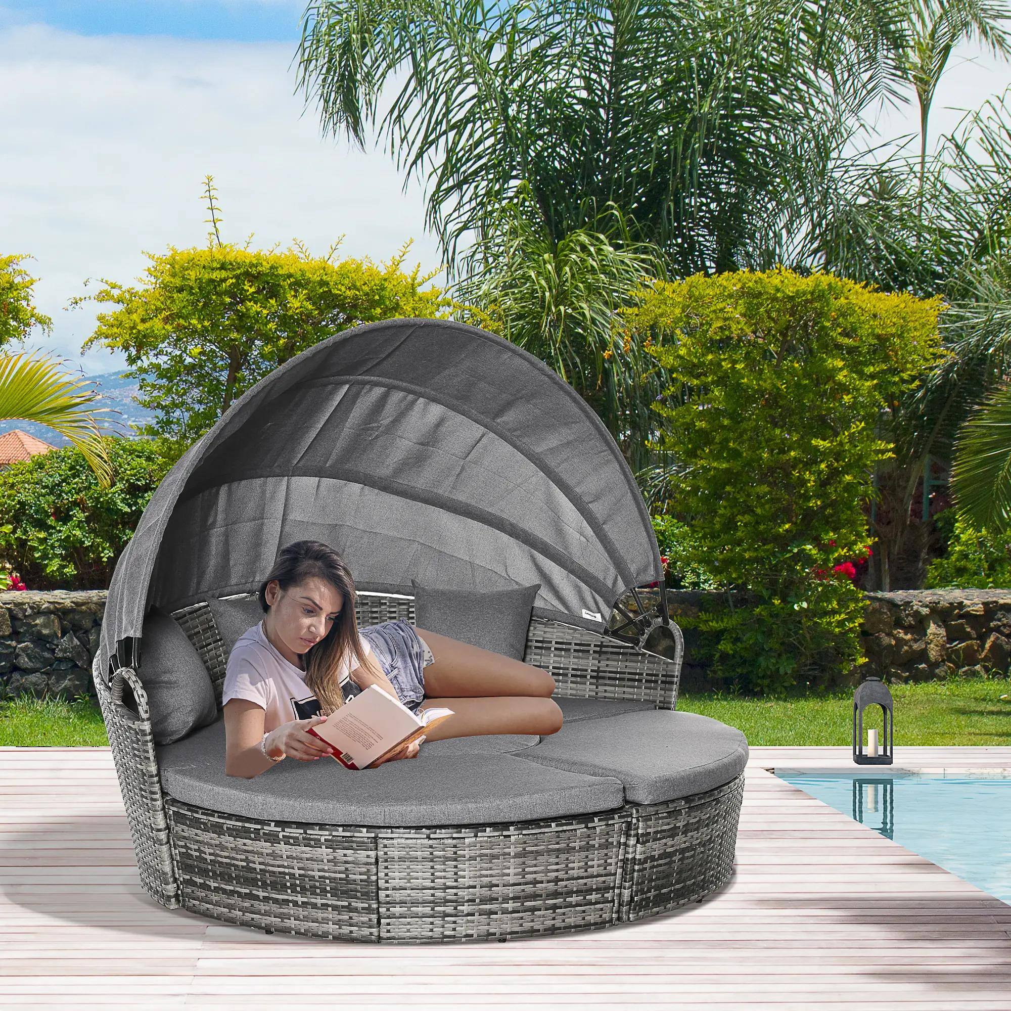 Alt View 6. Spaco - Spaco 4PC Round Convertible Daybed,Rattan Canopy Ottoman Teapoy,Weatherproof - Grey.