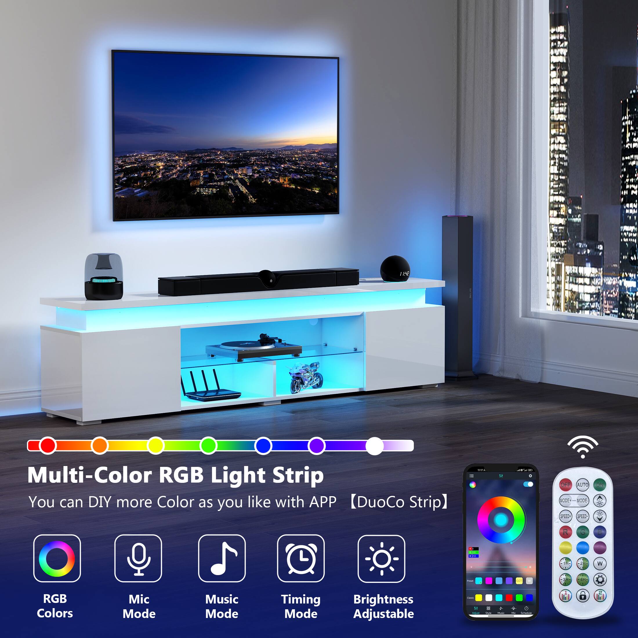 12% Multi-Color RGB Light Strip You can DIY more Color as you like with APP DuoCo Strip : - + OF UTO d adde . 20 H - I . M - RGB Colors Mic Mode Music Mode Timing Mode Brightness Adjustable - - -