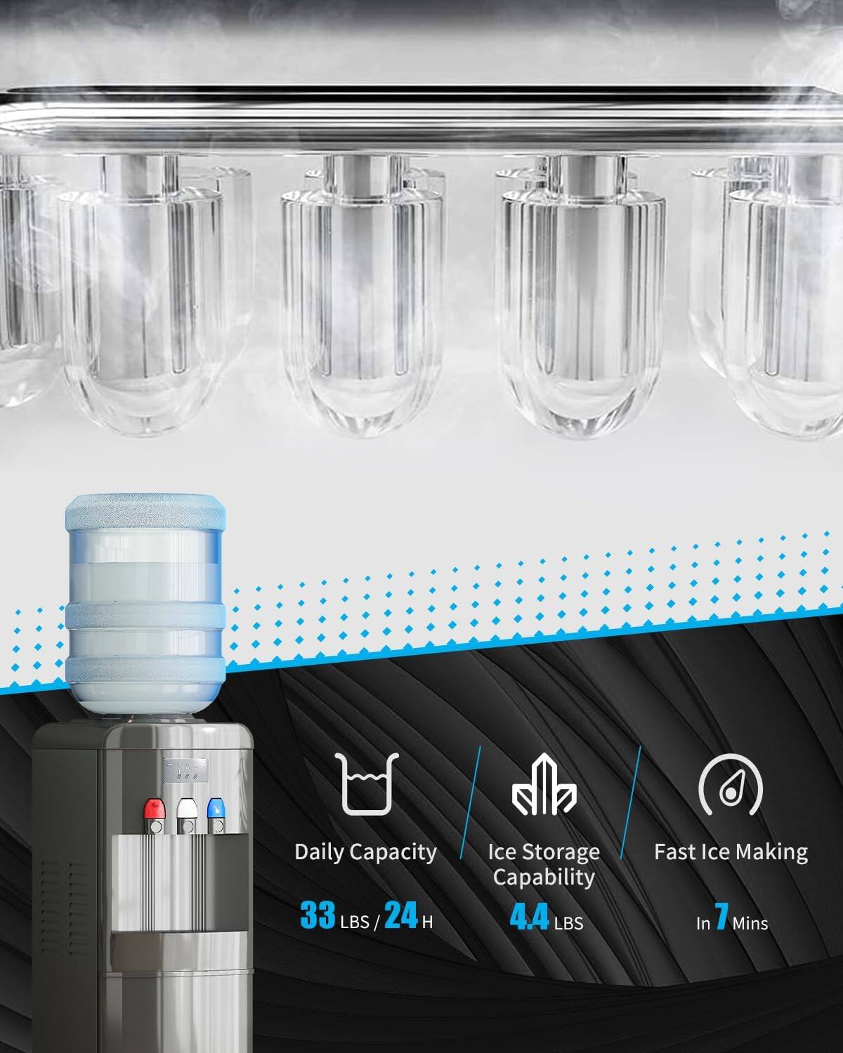 Daily Capacity: 33 LBS / 24 H  
Ice Storage Capability: 4.4 LBS  
Fast Ice Making: In 7 Mins