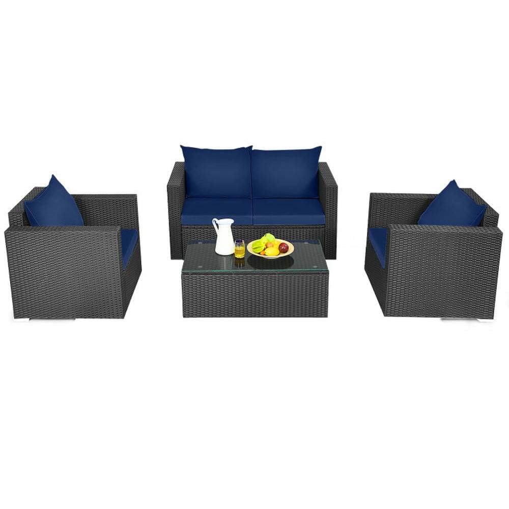 Alt View 5. Kadyn - Patio Furniture Sets,Outdoor & Patio Furniture Sets,4 Pieces Patio Rattan Conversation Set with Padded Cushions-Navy - Blue.