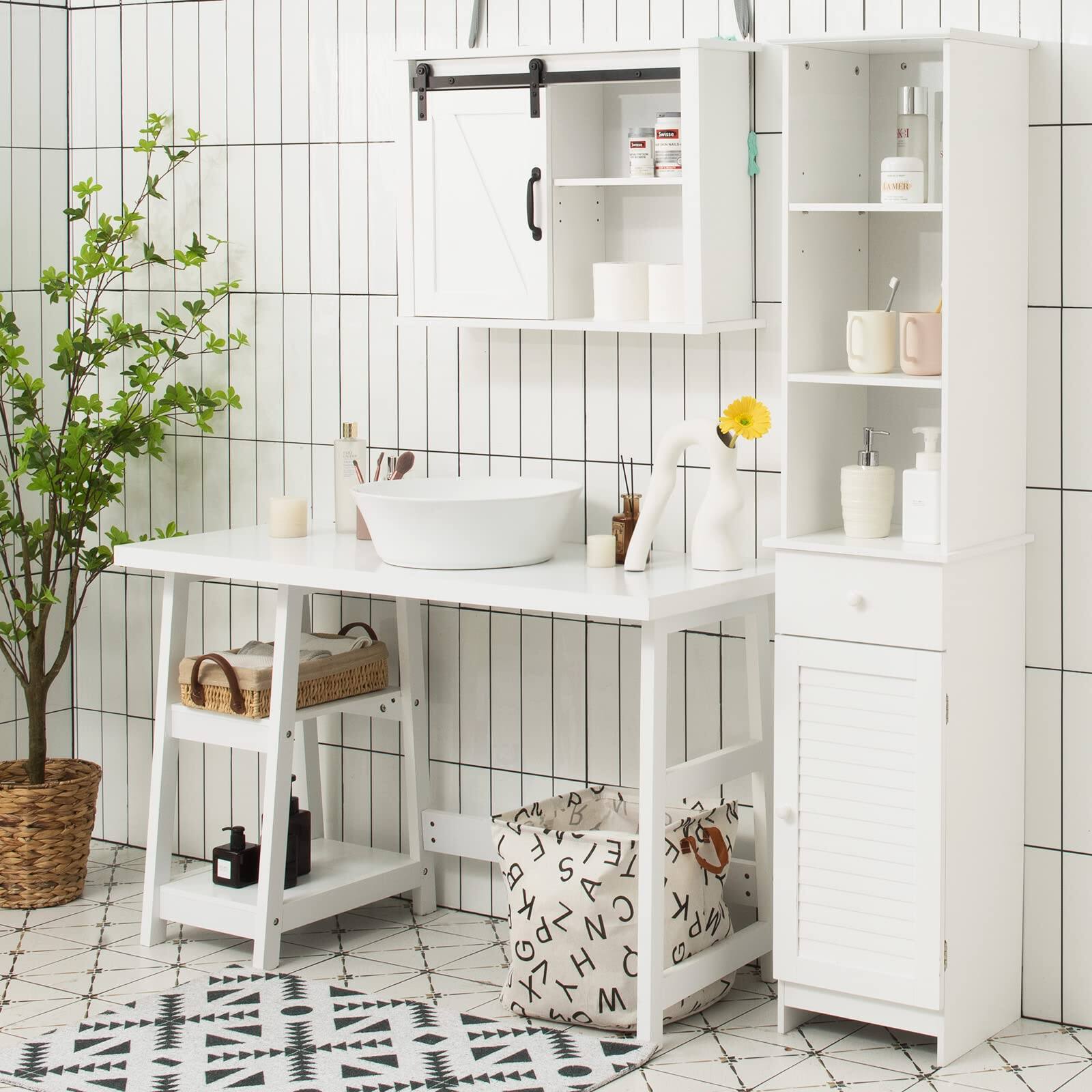 Alt View 1. Ecooso - Tall Freestanding Bathroom Storage Cabinet with Open Shelves and Drawer Organizer - White.