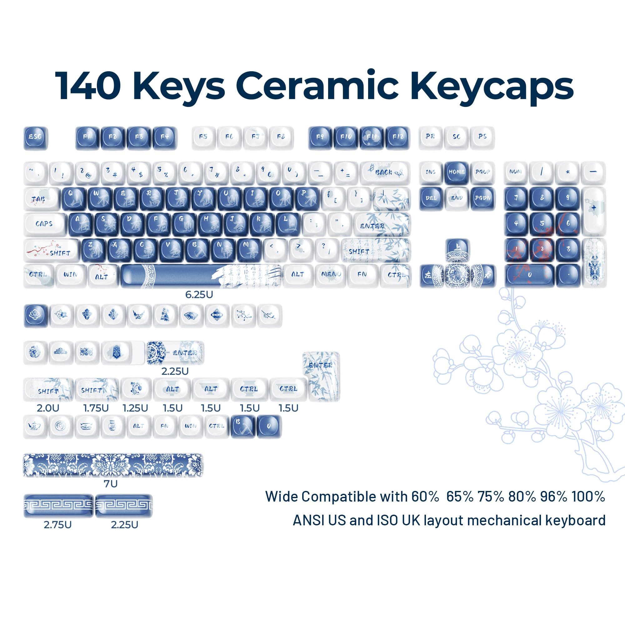 140 Keys Ceramic Keycaps

ESC F1 F2 F3 F4 F5 F6 F7 F8 F9 F10 F11 F12

1 2 3 4 5 6 7 8 9 0 - = Backspace

Tab Q W E R T Y U I O P [ ] \

Caps Lock A S D F G H J K L ; '

Shift Z X C V B N M , . /

Ctrl Win Alt Spacebar Alt

6.25U

2.25U

2.0U 1.75U 1.25U 1.5U 1.5U 1.5U 1.5U 1.5U 1.5U 1.5U 1.5U 1.5U 1.5U 1.5U 1.5U 1.5U 1.5U 1.5U 1.5U 1.5U 1.5U 1.5U 1.5U 1.5U 1.5U 1.5U 1.5U 1