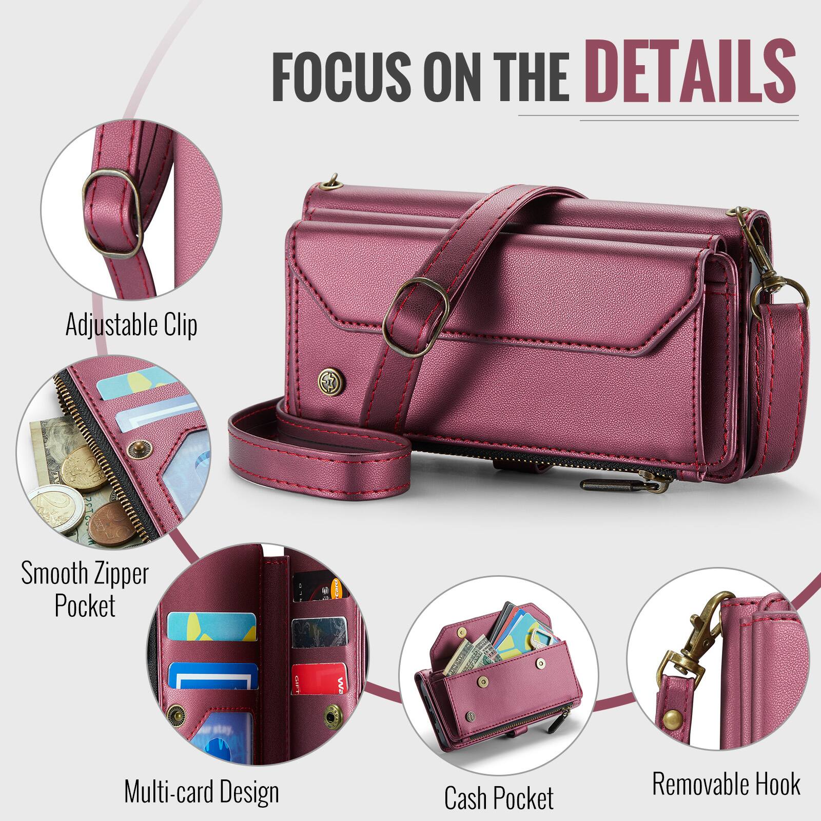 FOCUS ON THE DETAILS

- Adjustable Clip
- Smooth Zipper Pocket
- Multi-card Design
- Cash Pocket
- Removable Hook