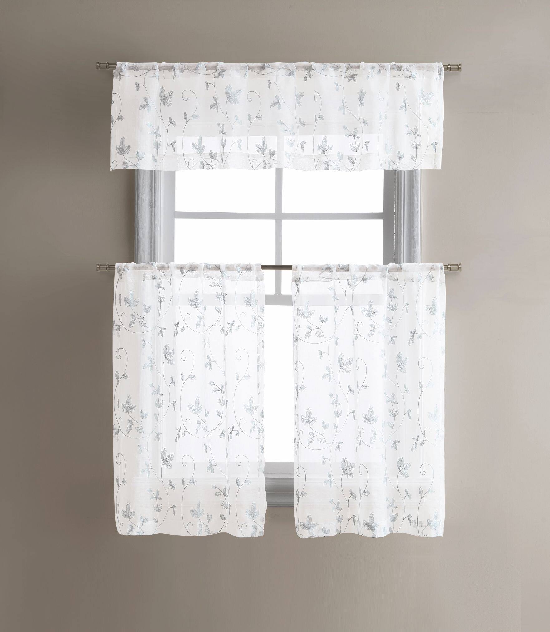 Angle. Kate Aurora - Kate Aurora Floral Embroidered Sheer Rod Pocket Kitchen Curtain Tier & Valance Set - 58 in. W x 15 in. L, Gray - Gray.