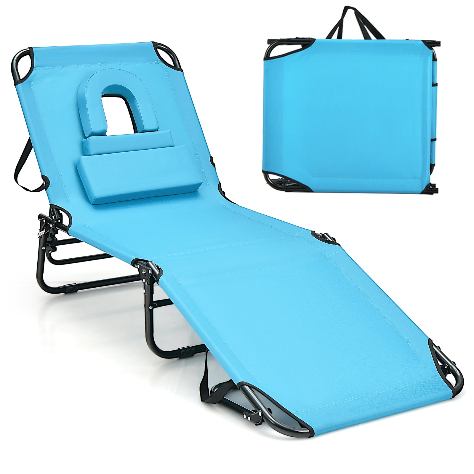 Front. Costway - Costway Beach Chaise Lounge Chair with Face Hole Pillows & 5-Position Adjustable Backrest - Navy.