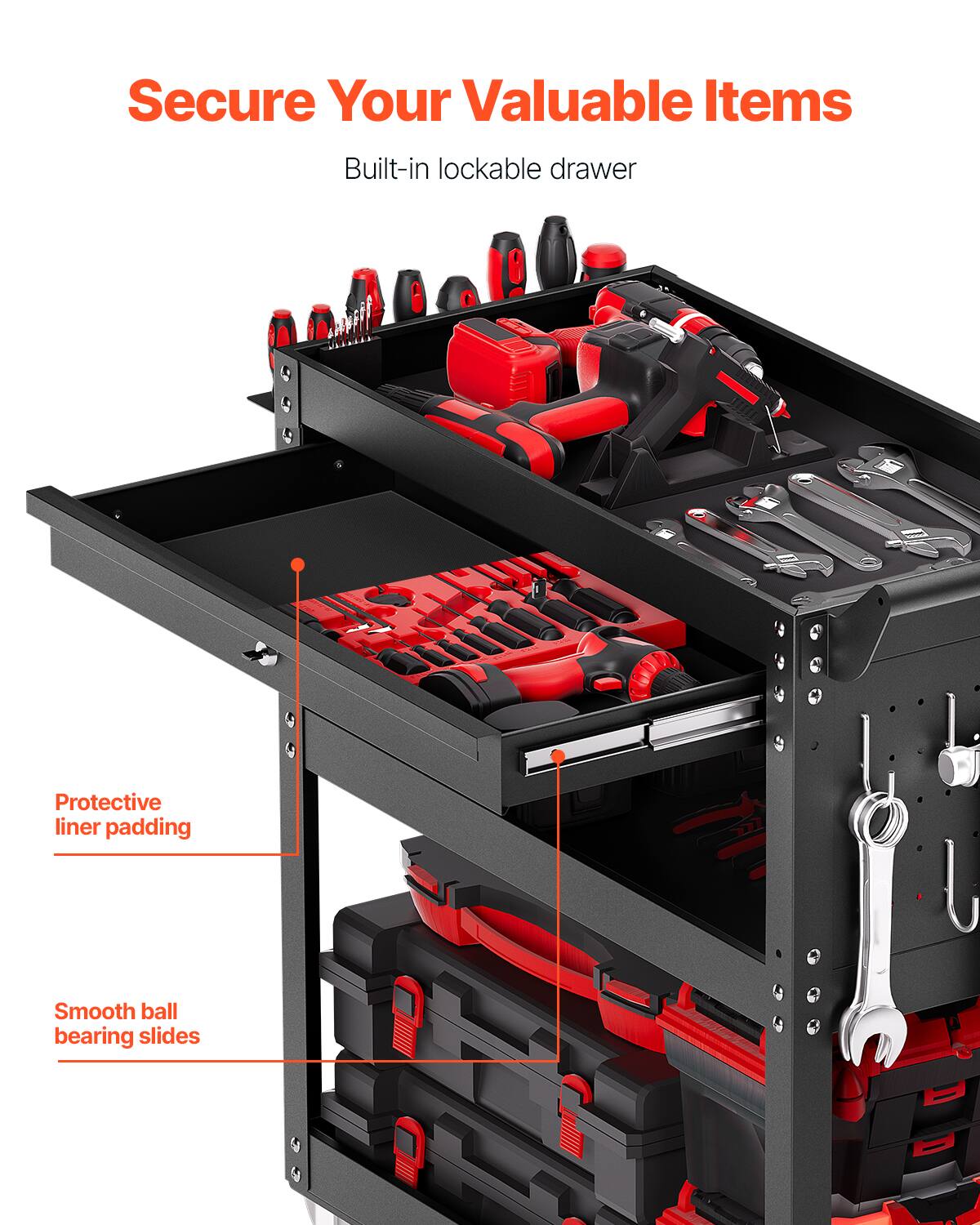 Secure Your Valuable Items

Built-in lockable drawer

Protective liner padding

Smooth ball bearing slides