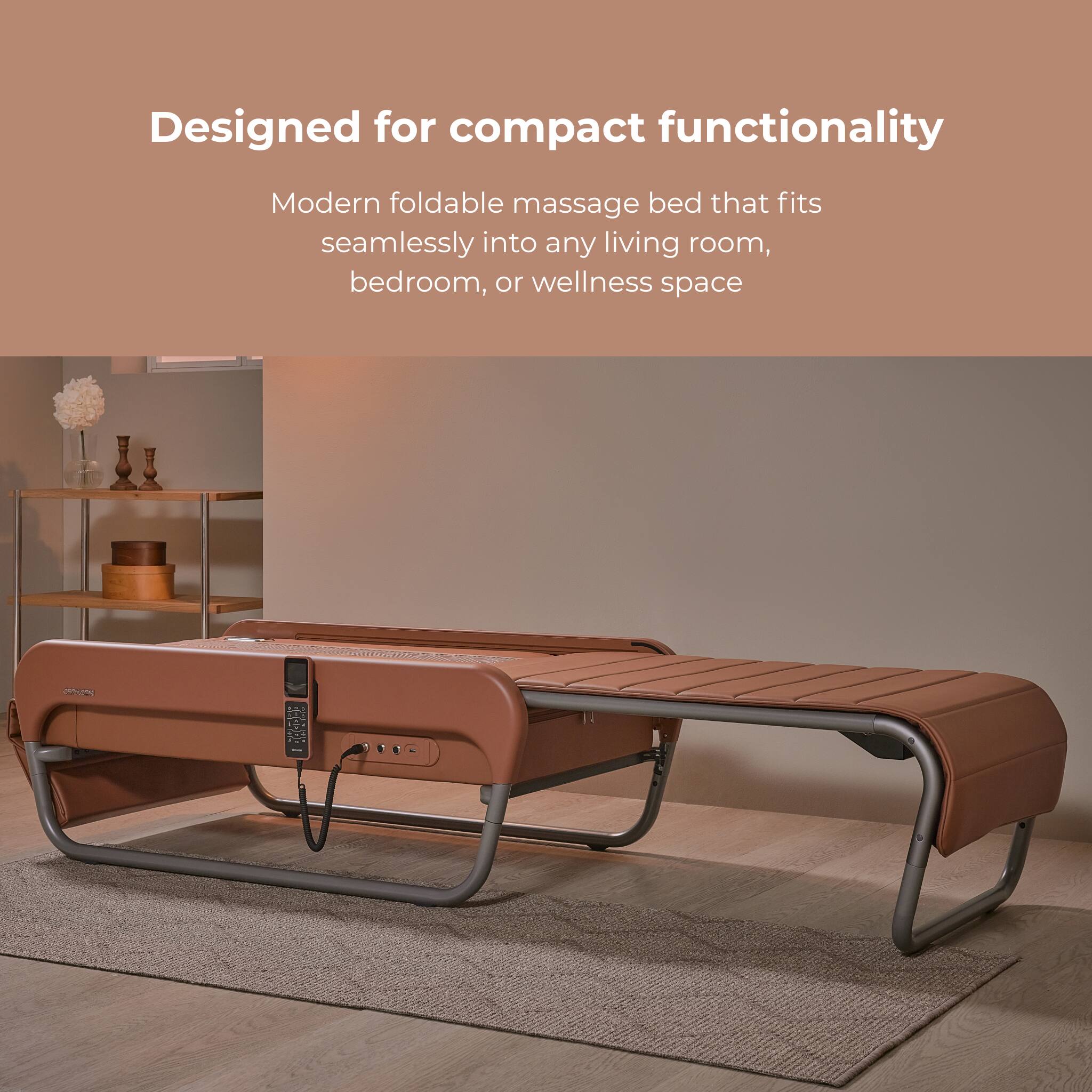Designed for compact functionality

Modern foldable massage bed that fits seamlessly into any living room, bedroom, or wellness space