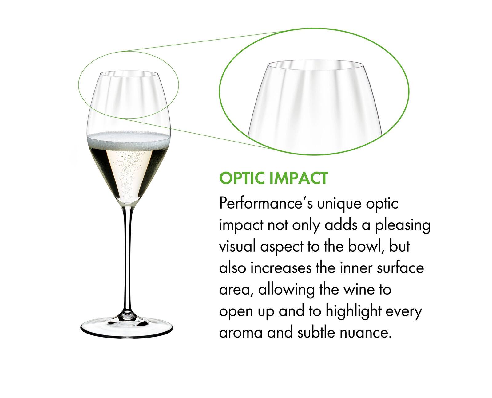OPTIC IMPACT

Performance's unique optic impact not only adds a pleasing visual aspect to the bowl, but also increases the inner surface area, allowing the wine to open up and to highlight every aroma and subtle nuance.