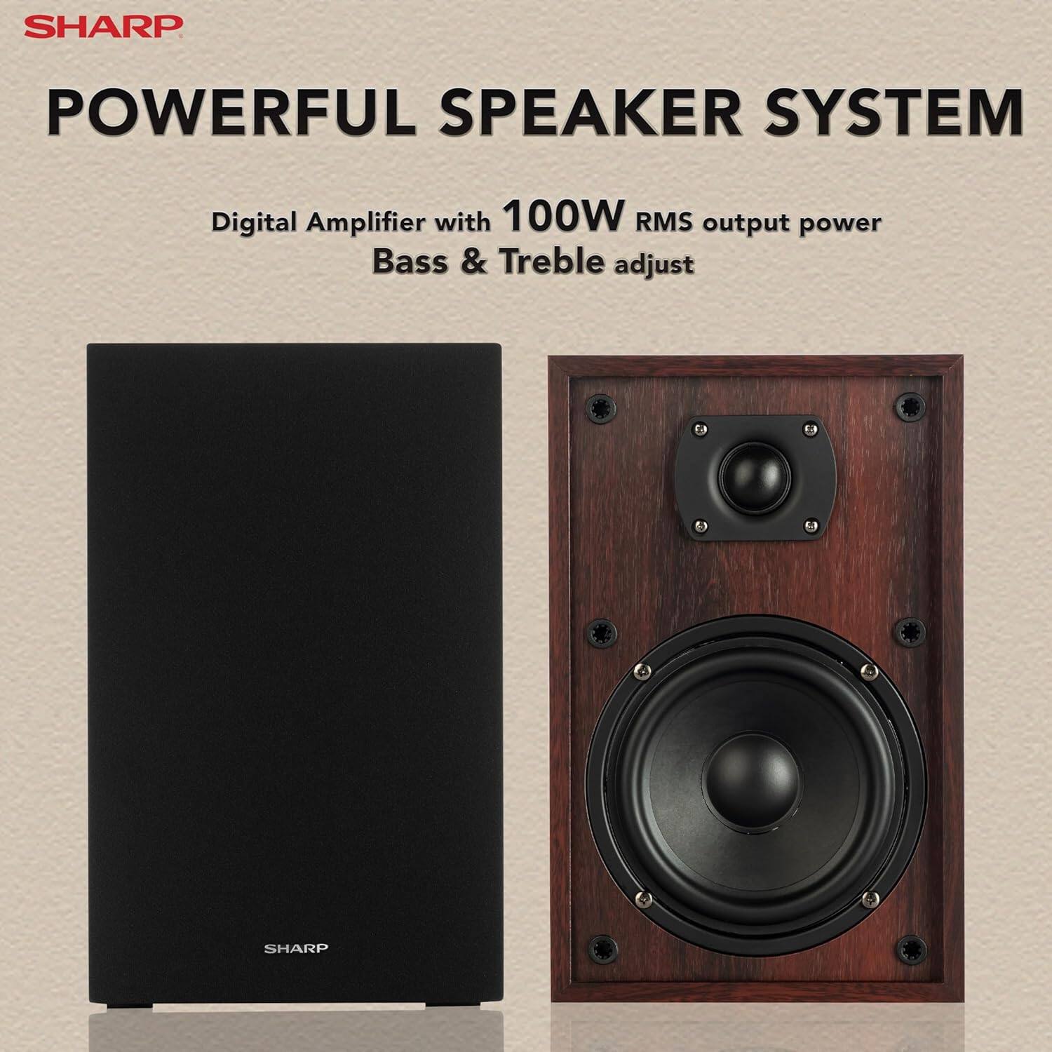 SHARP POWERFUL SPEAKER SYSTEM  
Digital Amplifier with 100W RMS output power  
Bass & Treble adjust