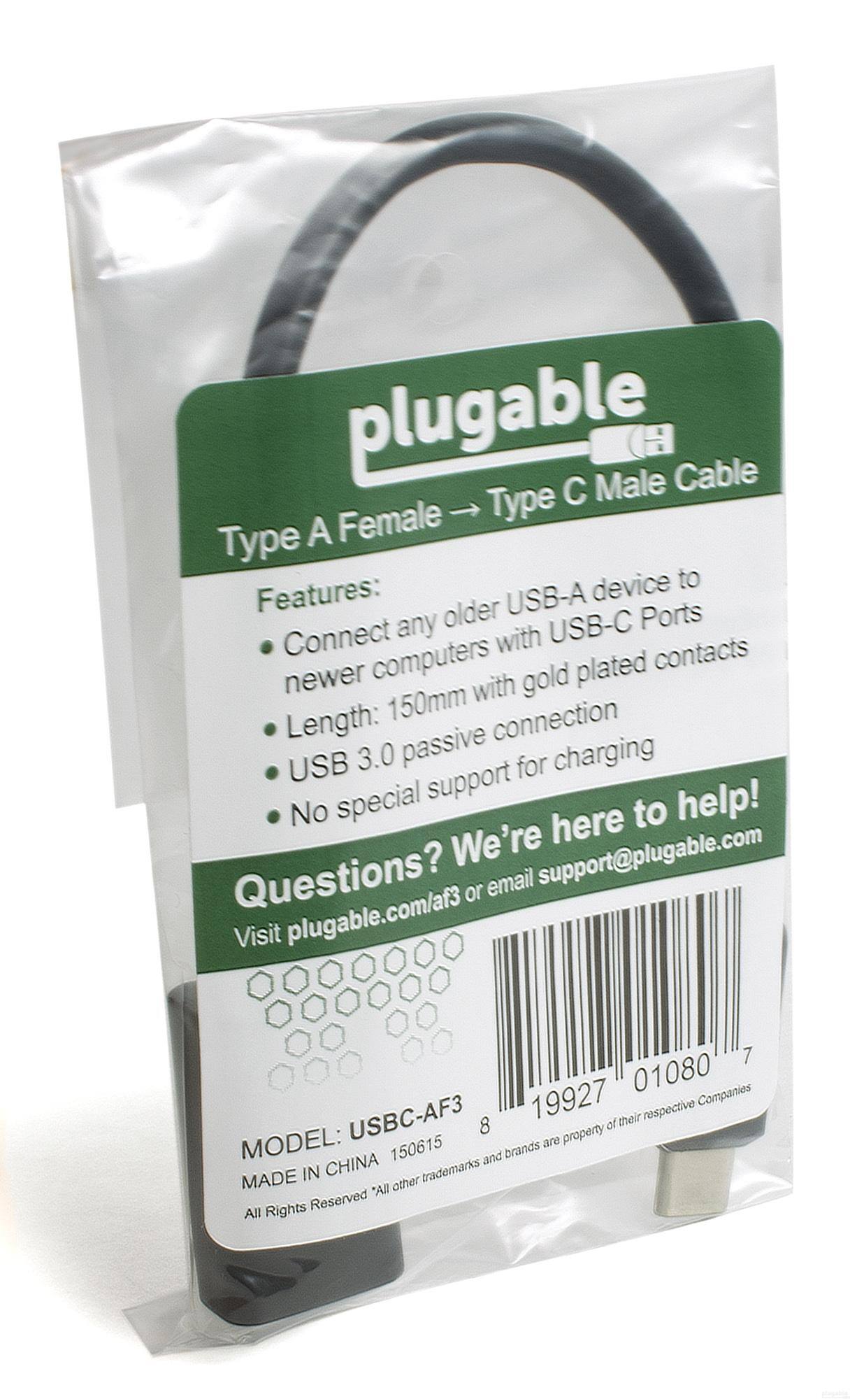 plugable Type A Female → Type C Male Cable

Features:
- Connect any older USB-A device to newer computers with USB-C Ports
- Length: 150mm with gold plated contacts
- USB 3.0 passive connection
- No special support for charging

Questions? We're here to help!
Visit plugable.com/af3 or email support@plugable.com

MODEL: USBC-AF3
MADE IN CHINA 150615

All Rights Reserved. All other trademarks and brands are property of their respective Companies