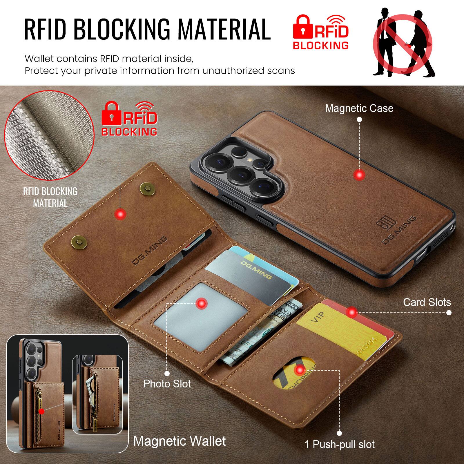 RFID BLOCKING MATERIAL

Wallet contains RFID material inside, Protect your private information from unauthorized scans

RFID BLOCKING Magnetic Case

RFID BLOCKING MATERIAL

DG.MING

DG.MING

9

DG.MING

DG nevy

Photo Slot

Magnetic Wallet

VIP dekN

nhntota

SHOPPING

1 Push-pull slot

Card Slots