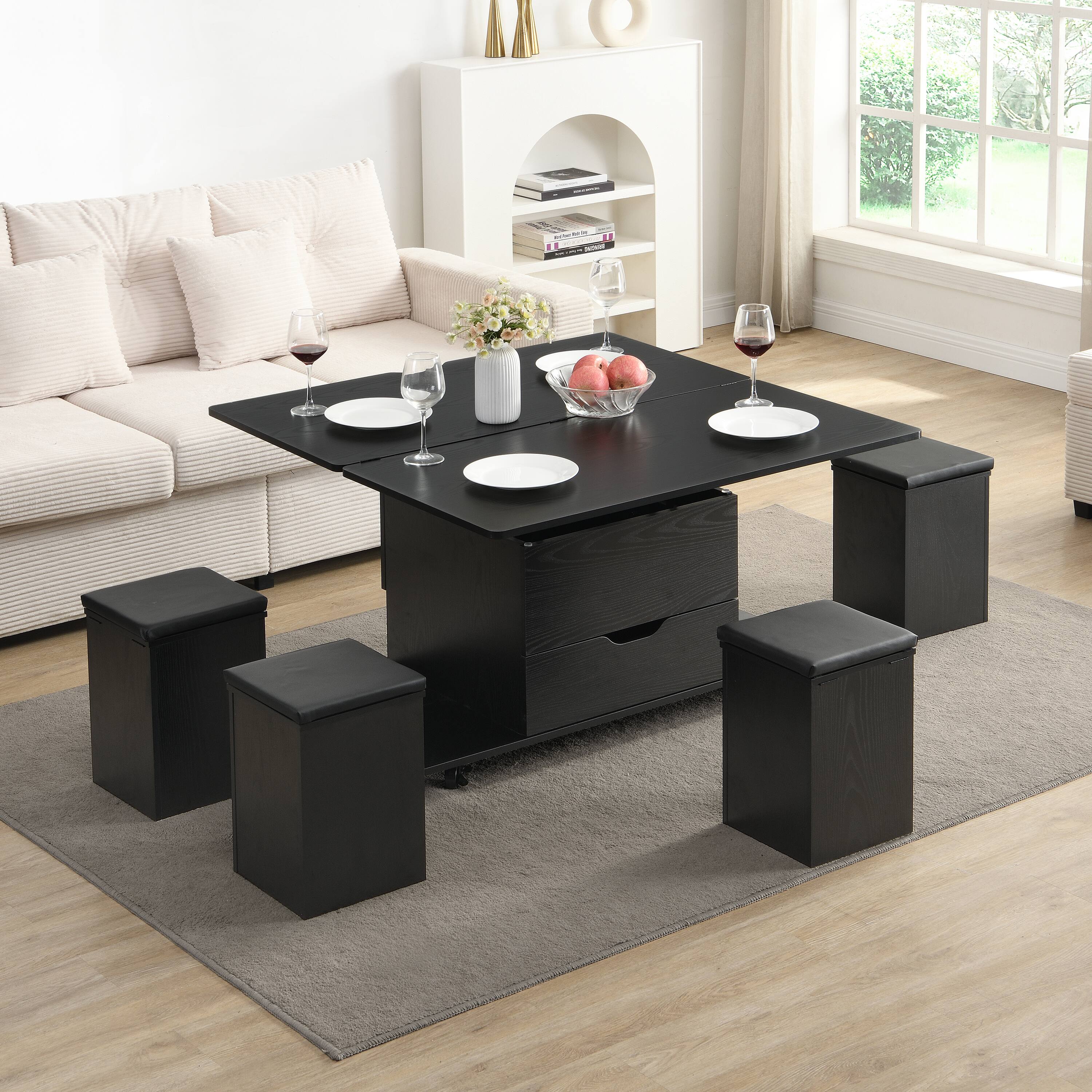 Alt View 7. Ecooso - Coffee Table Lift-Top Multi-Functional with Hidden Storage and 4 Stools, Modern Design for Living Room - Black.