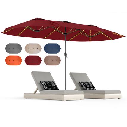 Front. Gymax - Gymax 15.5 FT Double-sided Patio Umbrella w/ Solar Lights Outdoor Twin Size Umbrella Red - Red.
