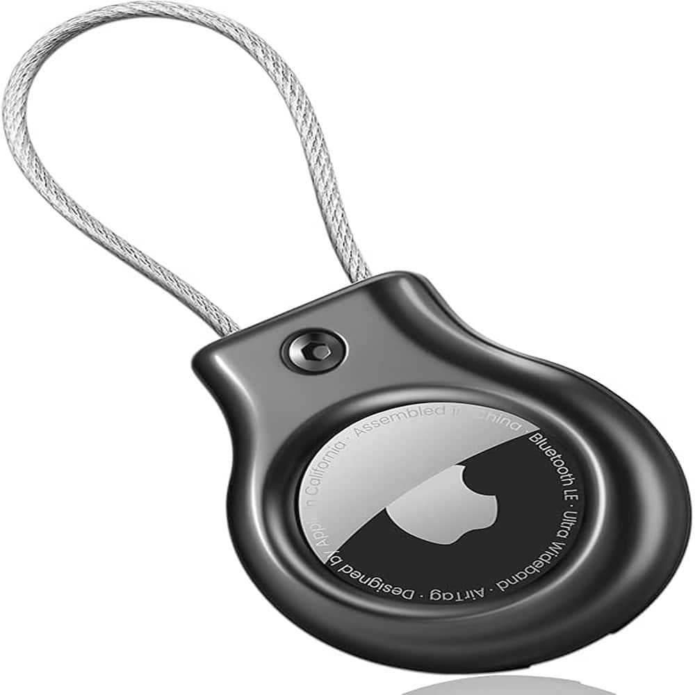RTMB - All-Metal AirTag Holder with Wire Cable & Lock Clip Keychain for Apple - Color: Black 1 Pack