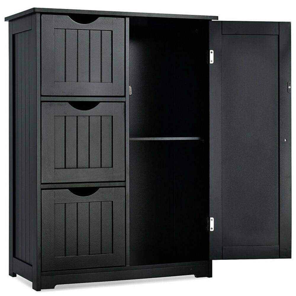 Alt View 1. Kadyn - Bathroom Floor Cabinet Side Storage Cabinet with 3 Drawers and 1 Cupboard-Black, Bathroom Cabinets for Entryway - Black.